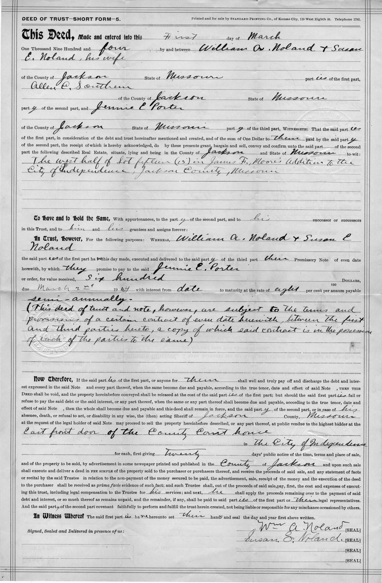 Deed of Trust from William A. Noland and Susan E. Noland to Allen C. Southern for Jennie E. Porter