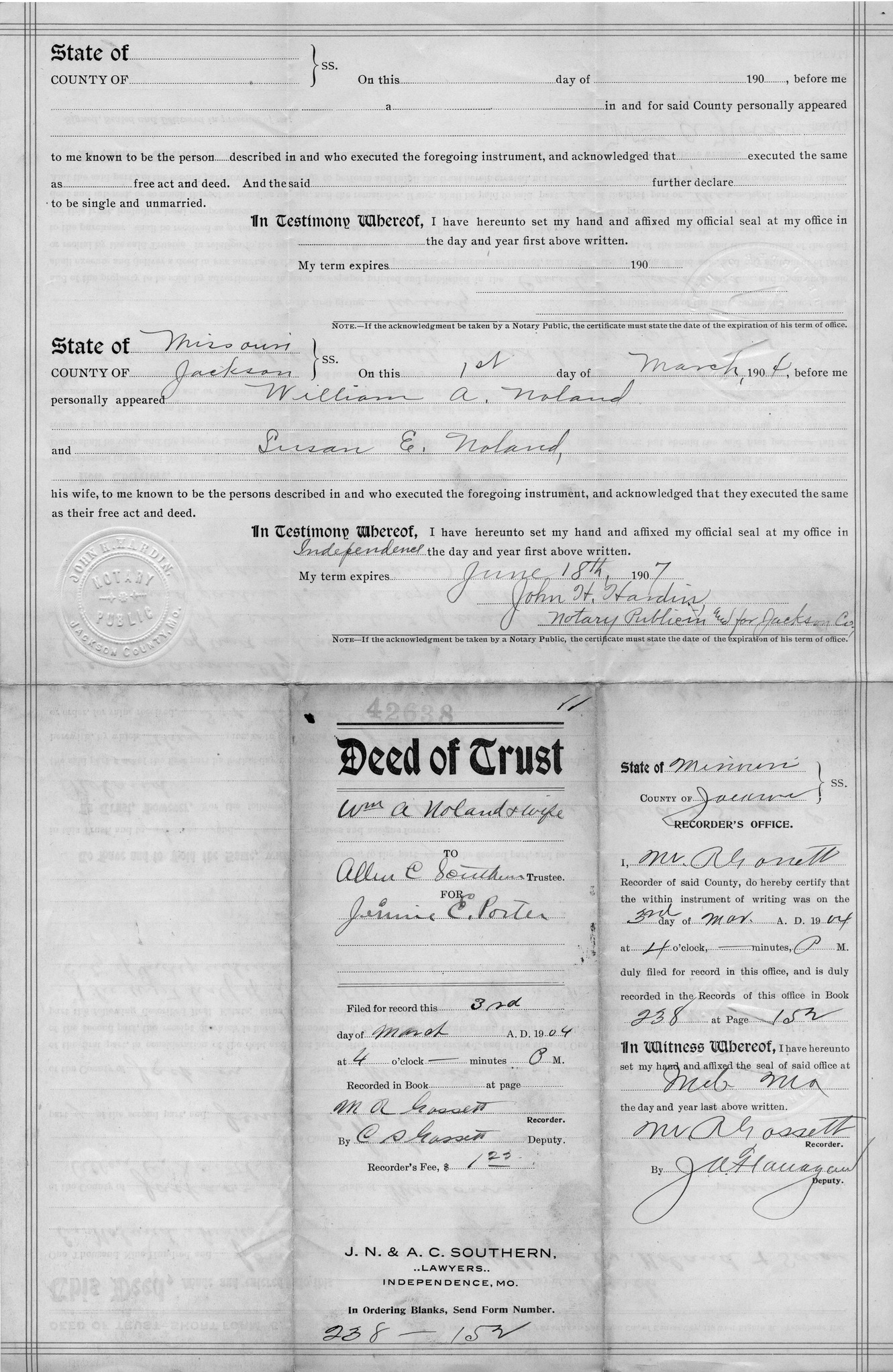 Deed of Trust from William A. Noland and Susan E. Noland to Allen C. Southern for Jennie E. Porter