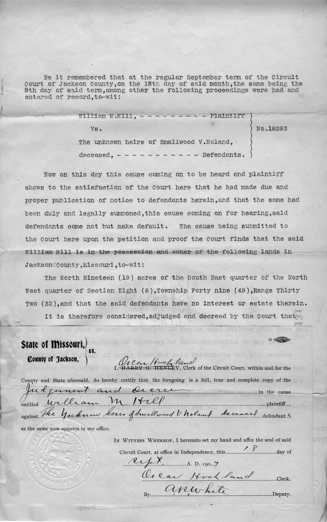 Judgement and Decree of William M. Hill vs. Heirs of Smallwood V. Noland