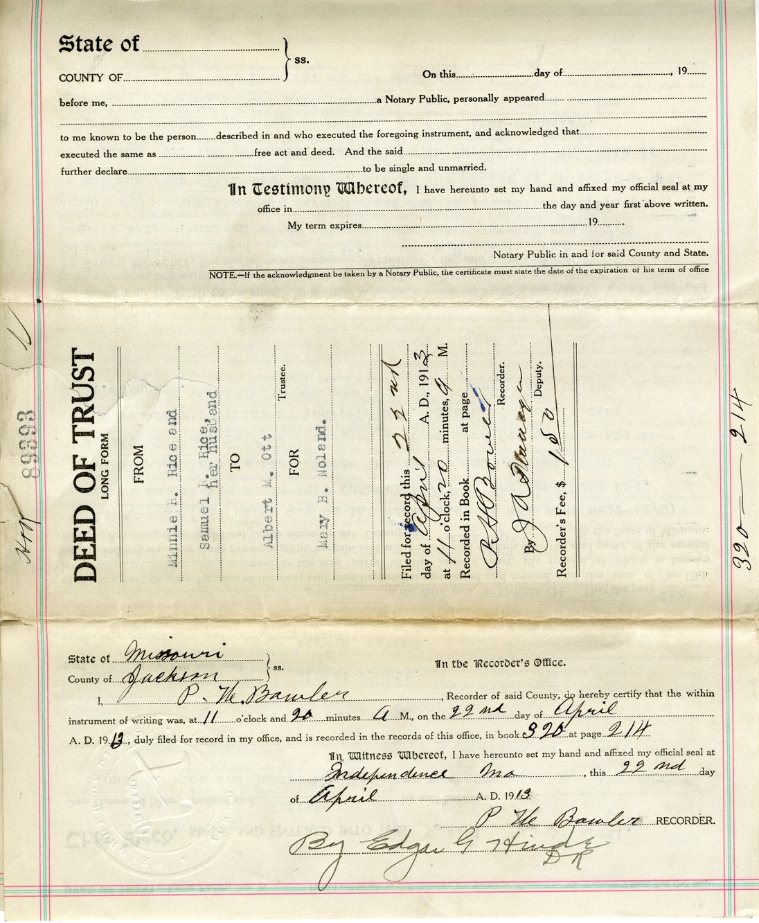 Deed of Trust from Minnie R. Rice and Samuel R. Rice to Albert M. Ott for Mary B. Noland