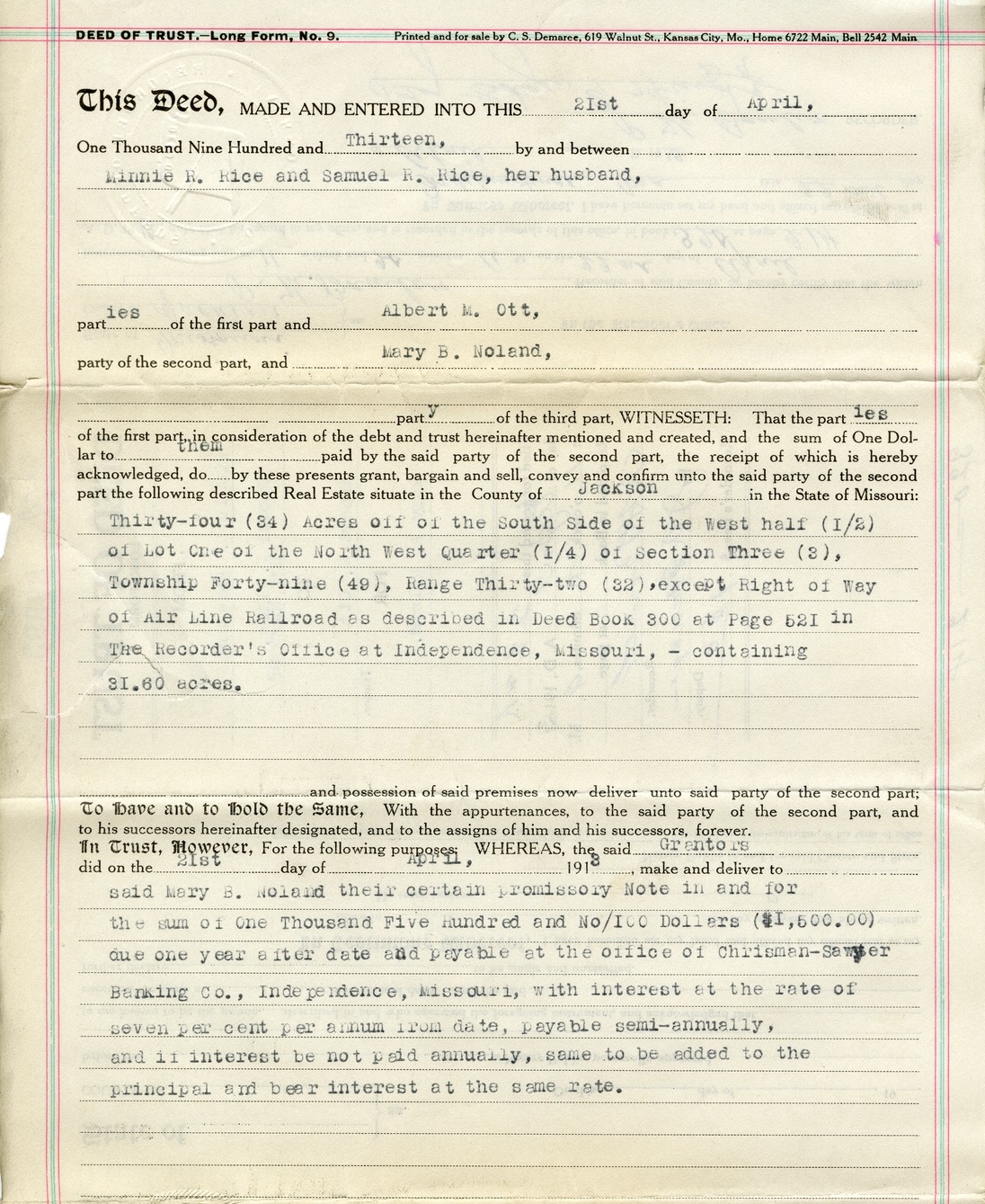 Deed of Trust from Minnie R. Rice and Samuel R. Rice to Albert M. Ott for Mary B. Noland