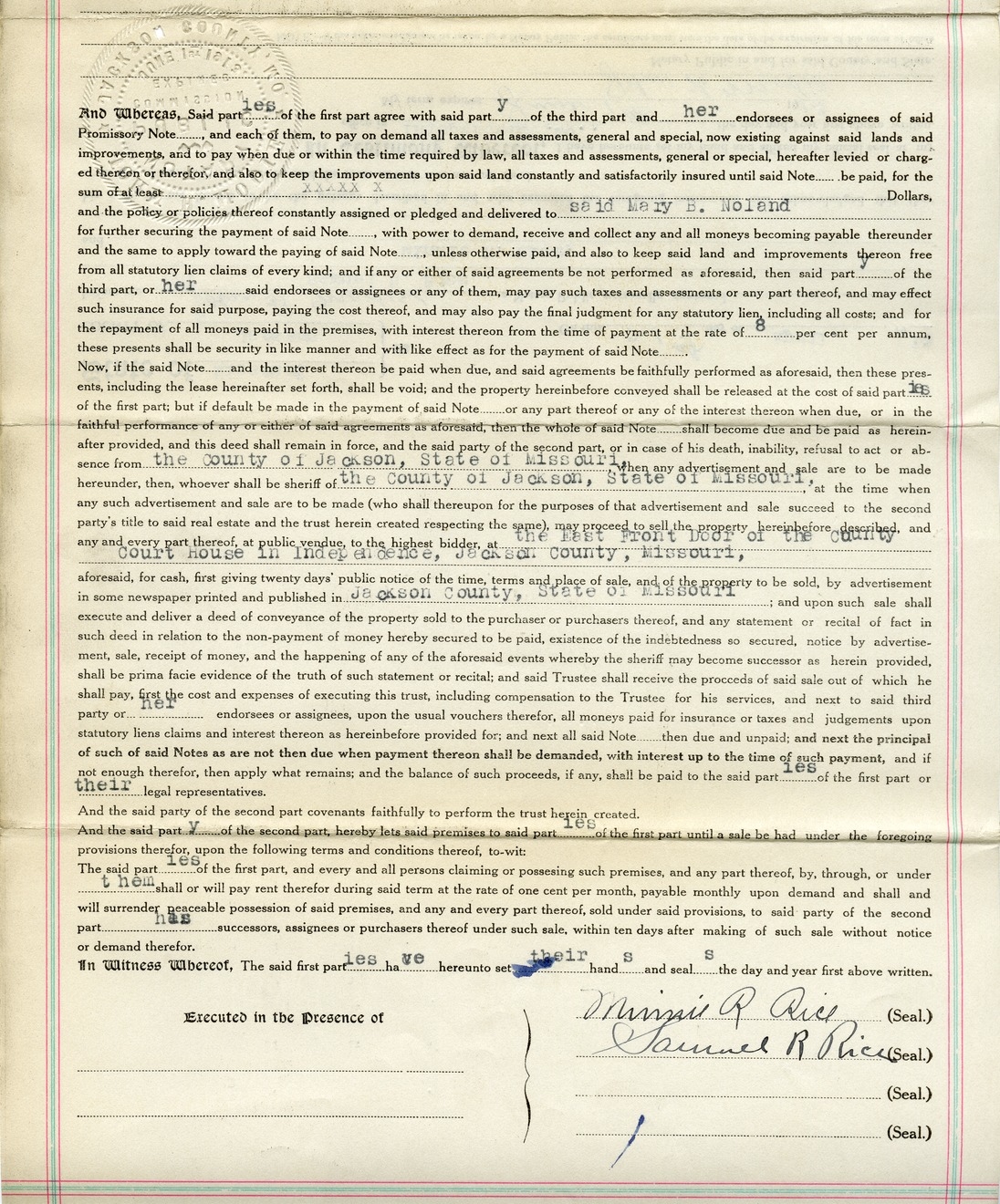 Deed of Trust from Minnie R. Rice and Samuel R. Rice to Albert M. Ott for Mary B. Noland