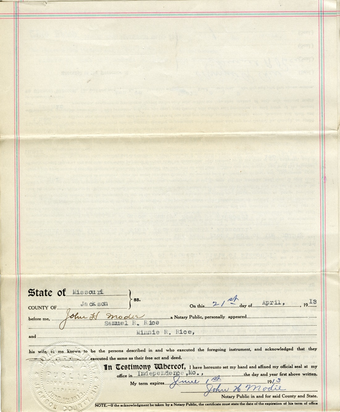 Deed of Trust from Minnie R. Rice and Samuel R. Rice to Albert M. Ott for Mary B. Noland