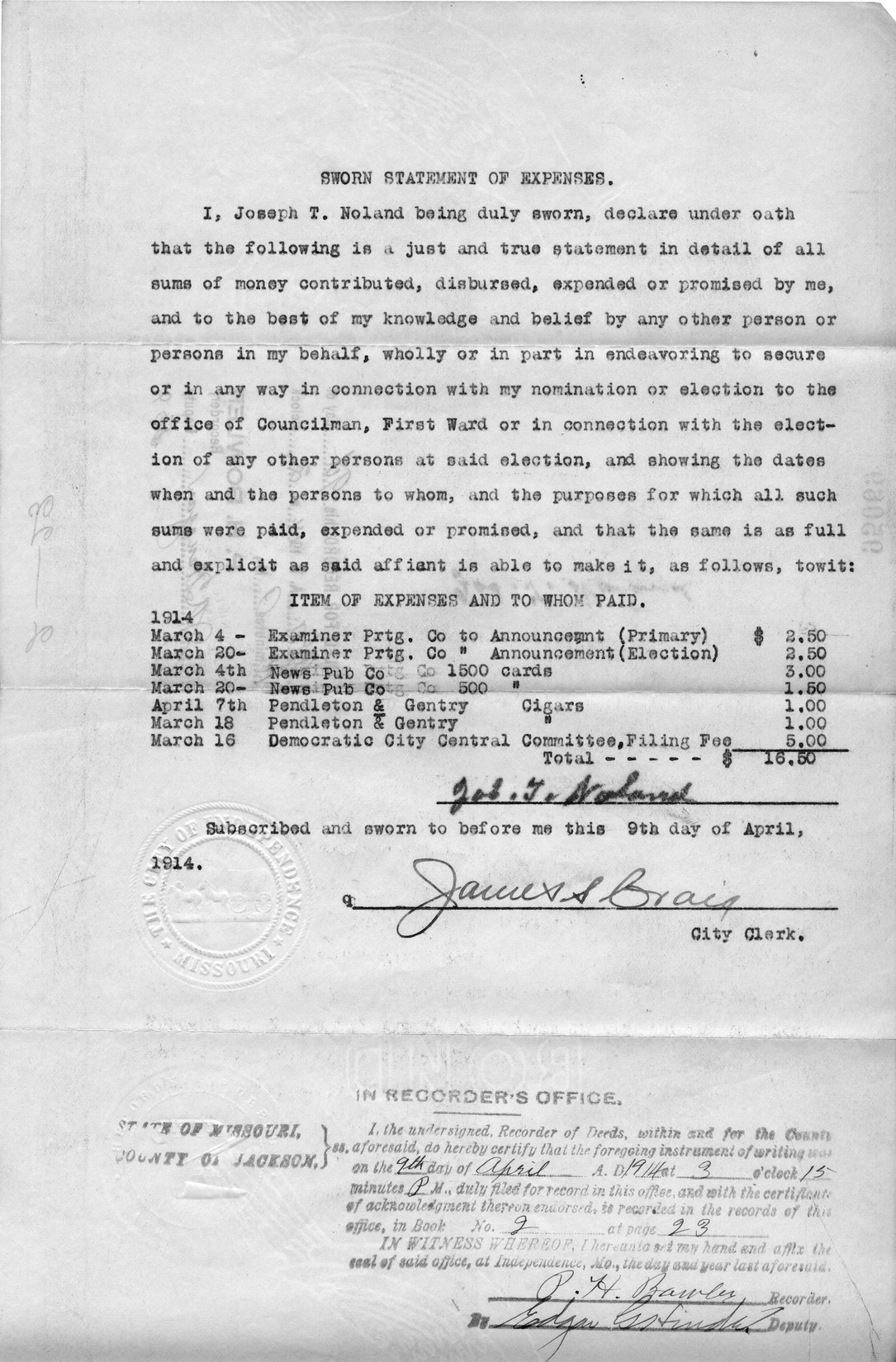 Affidavit of Joseph T. Noland