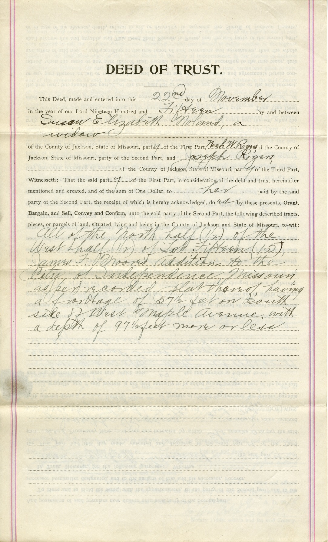 Deed of Trust from Susan Elizabeth Noland to Noah W. Rogers for Joseph Rogers