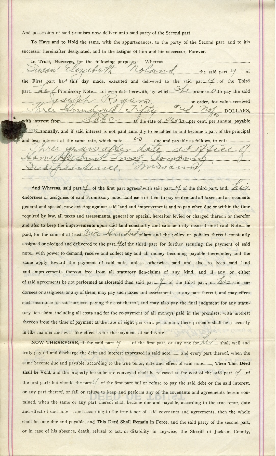 Deed of Trust from Susan Elizabeth Noland to Noah W. Rogers for Joseph Rogers