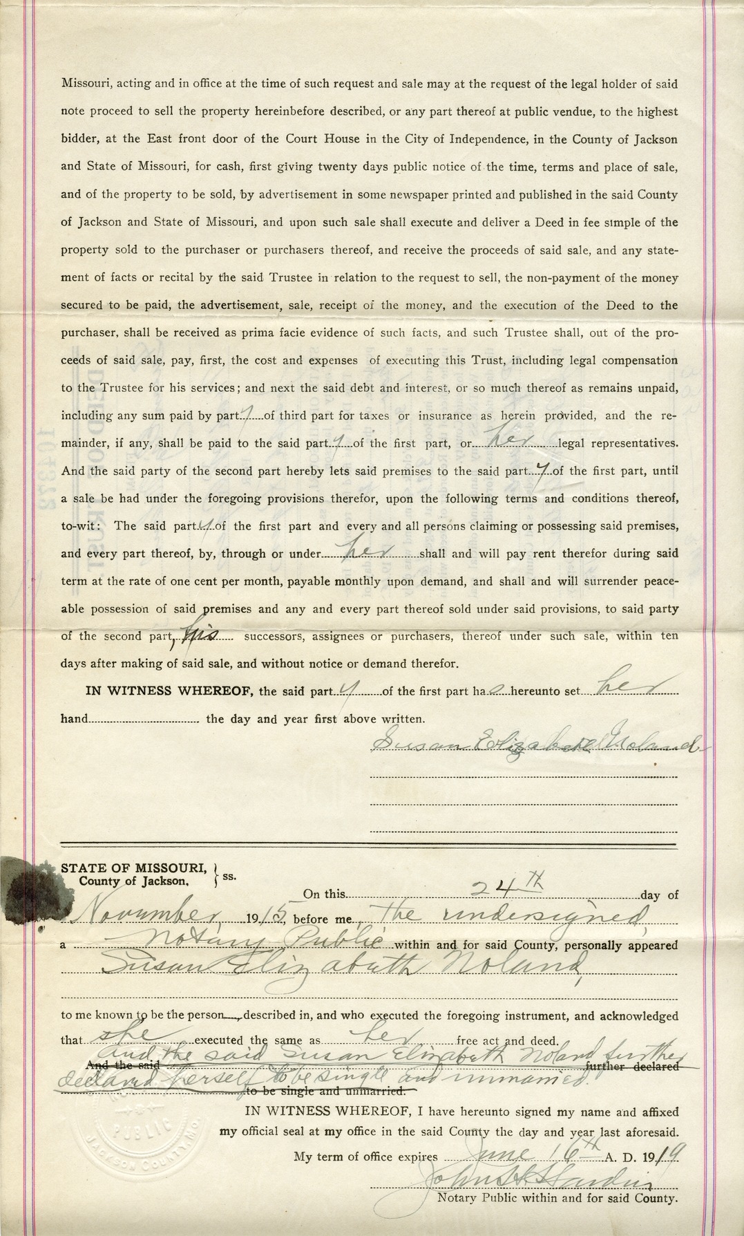 Deed of Trust from Susan Elizabeth Noland to Noah W. Rogers for Joseph Rogers