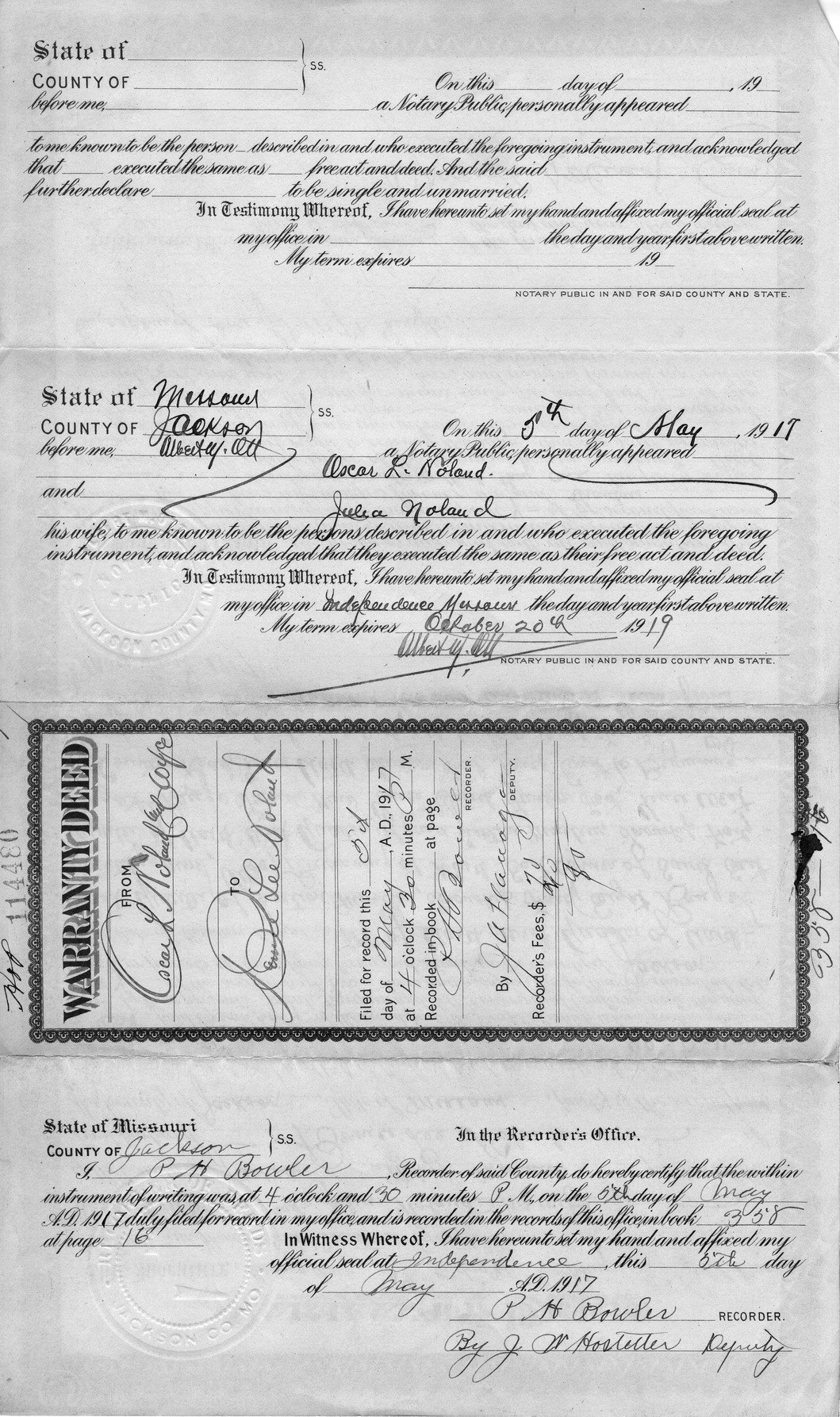 Warranty Deed from Oscar L. Noland and Julia Noland to Bernice Lee Noland