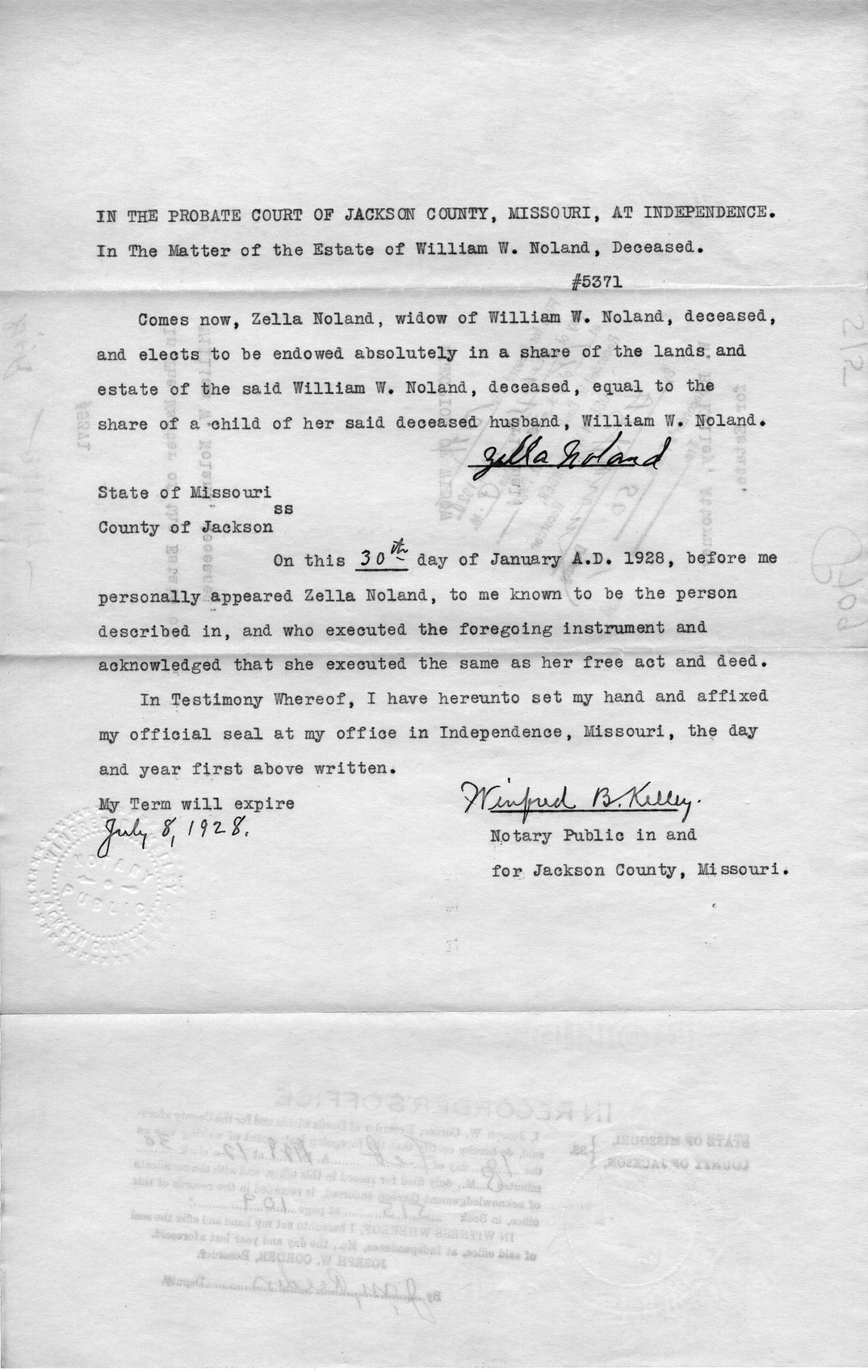 Election of Widow in the Matter of the Estate of William W. Noland, Deceased