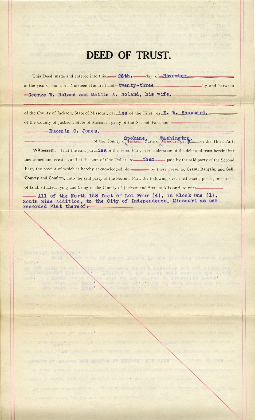 Deed of Trust from George W. Noland and Mattie A. Noland to E. W. Shepherd for Eugenia O. Jones