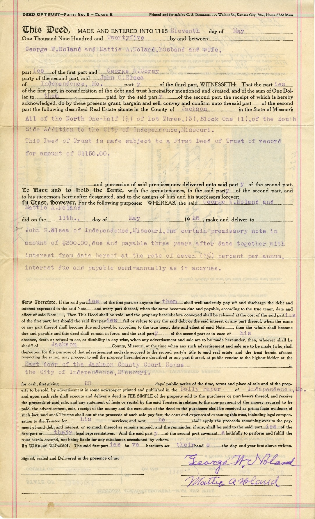 Deed of Trust from George W. Noland and Mattie A. Noland to George W. Corey for John C. Elsea