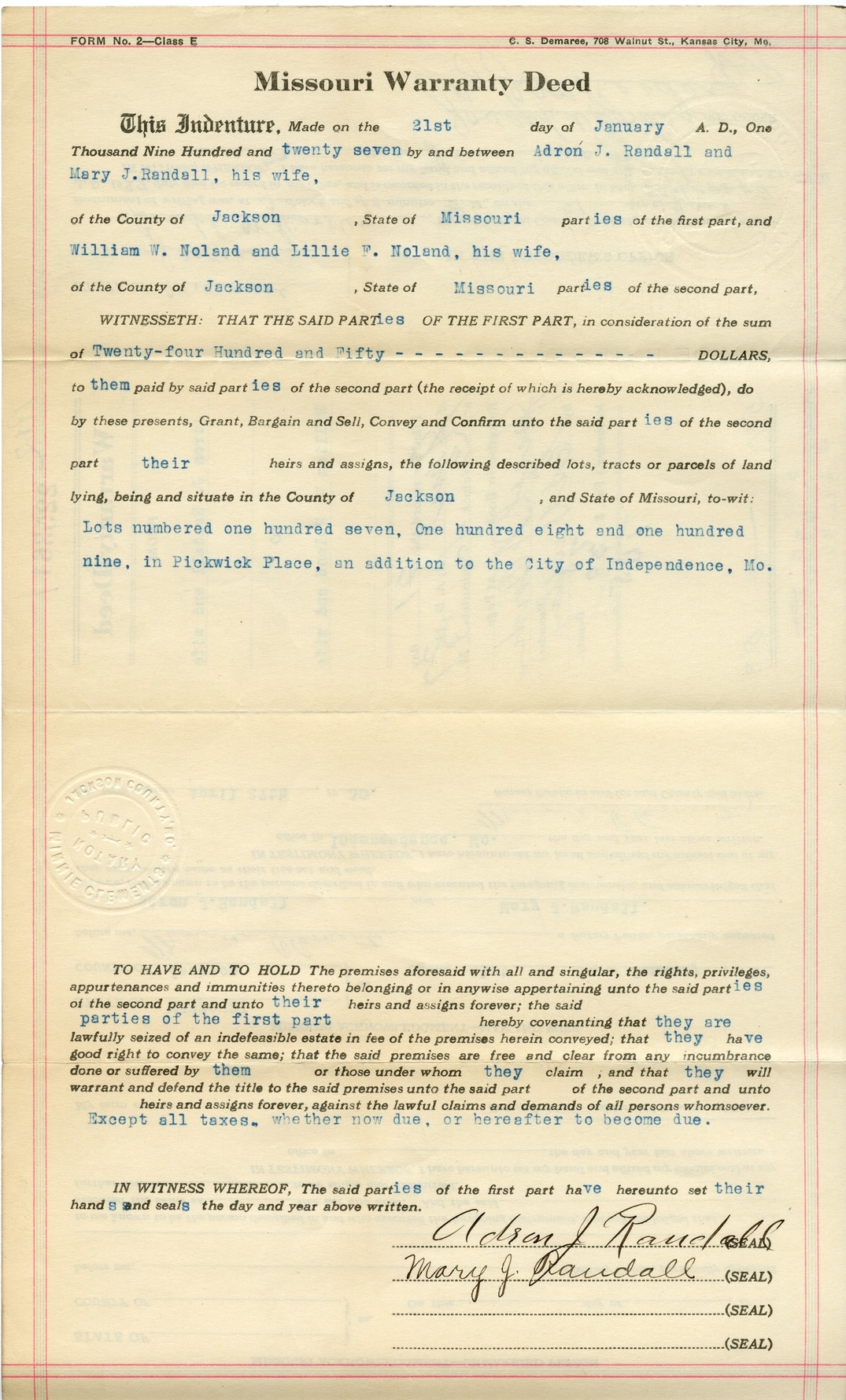 Warranty Deed from Adron J. Randall and Mary J. Randall to William W. Noland and Lillie F. Noland