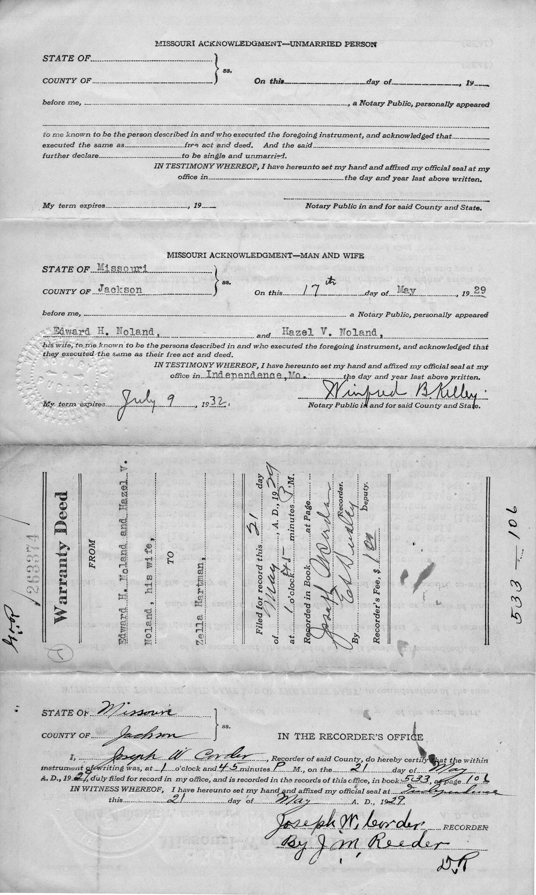 Warranty Deed from Edward H. Noland and Hazel V. Noland to Zella Hartman