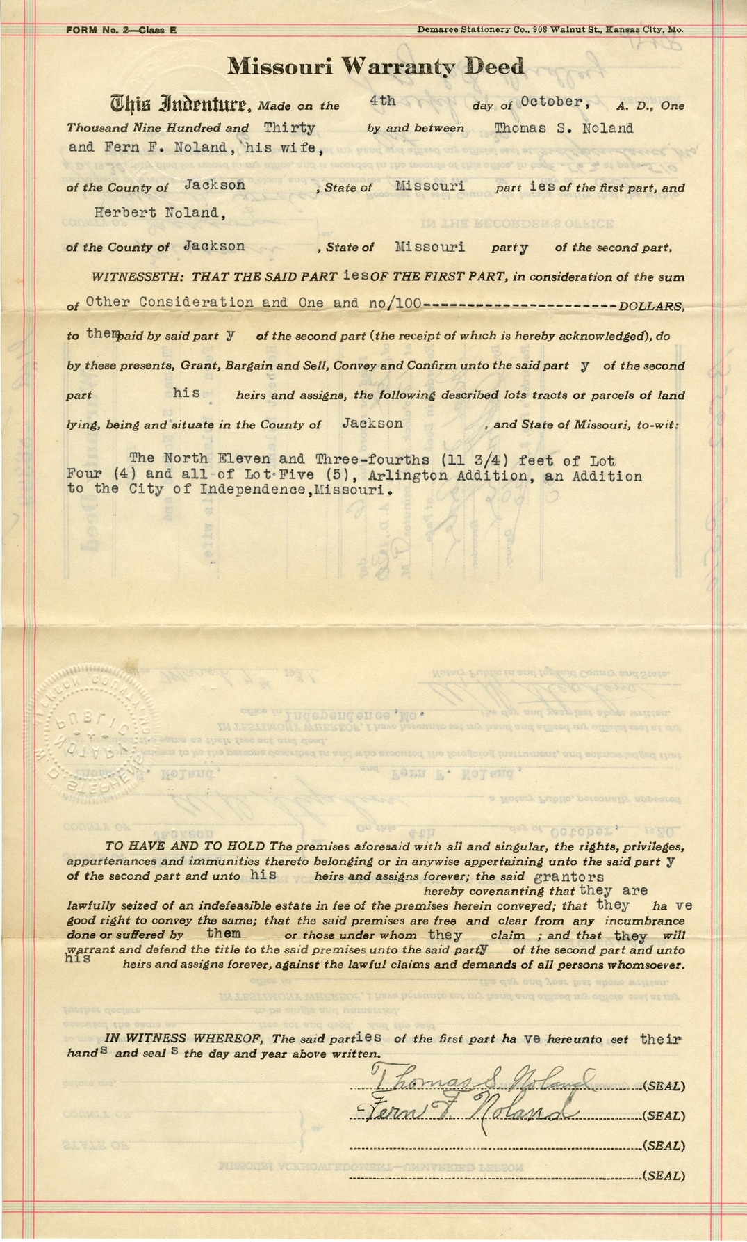 Warranty Deed from Thomas S. Noland and Fern F. Noland to Herbert Noland