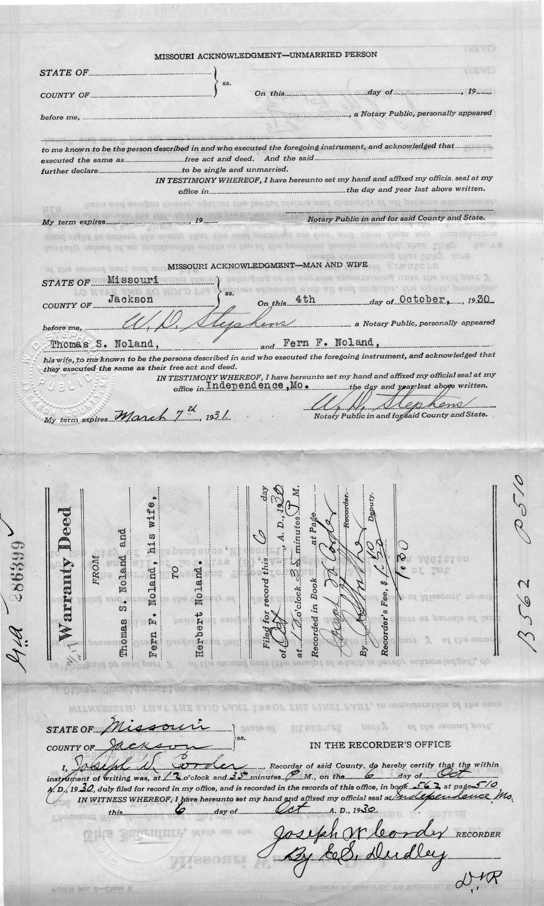 Warranty Deed from Thomas S. Noland and Fern F. Noland to Herbert Noland
