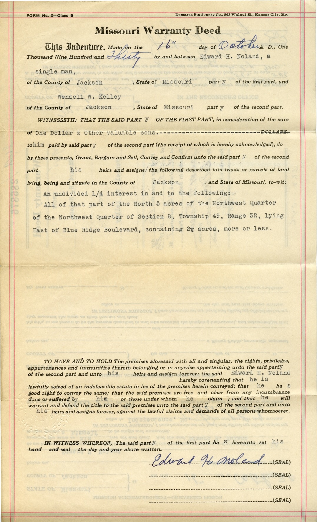 Warranty Deed from Edward H. Noland to Wendell W. Kelley