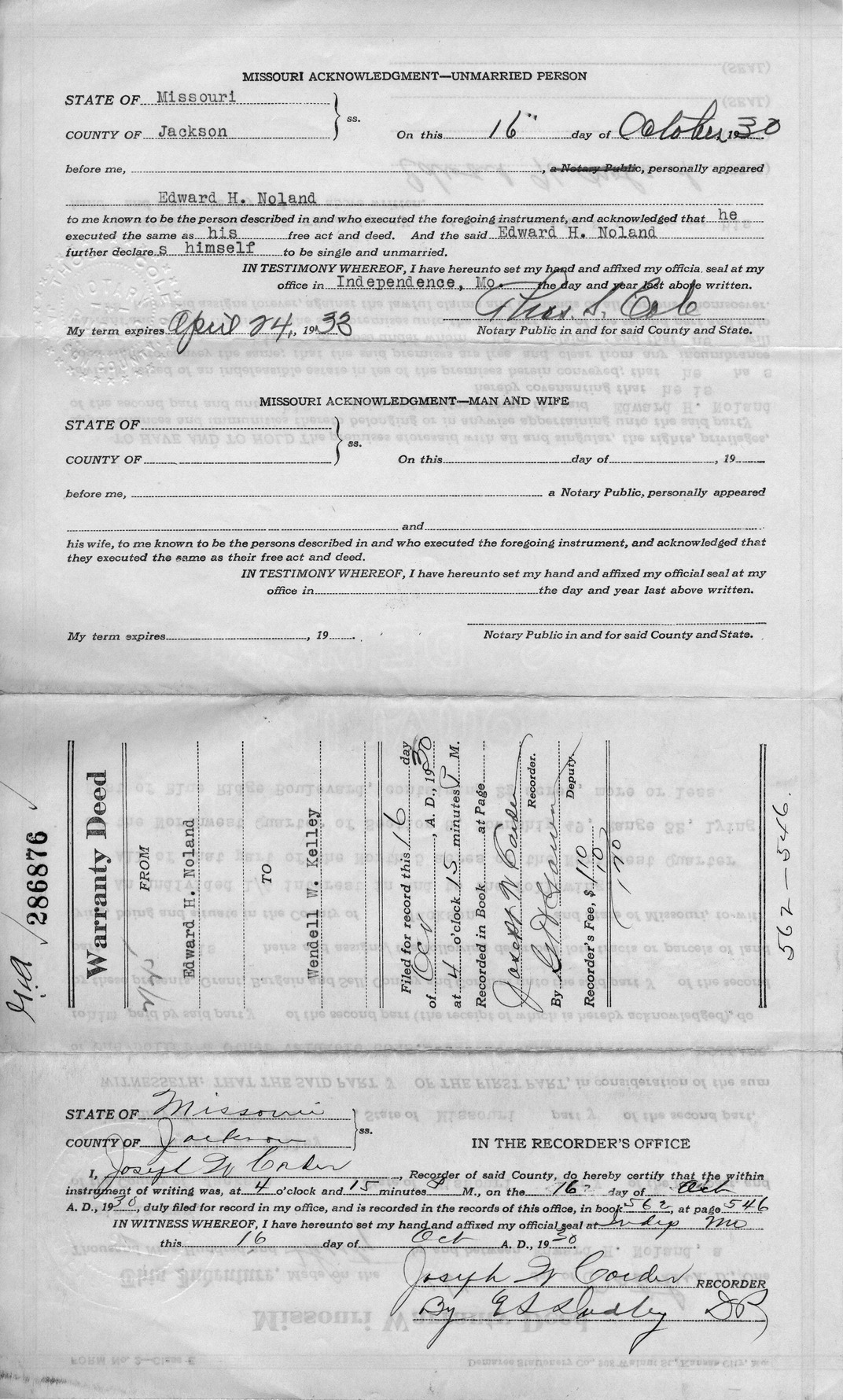 Warranty Deed from Edward H. Noland to Wendell W. Kelley