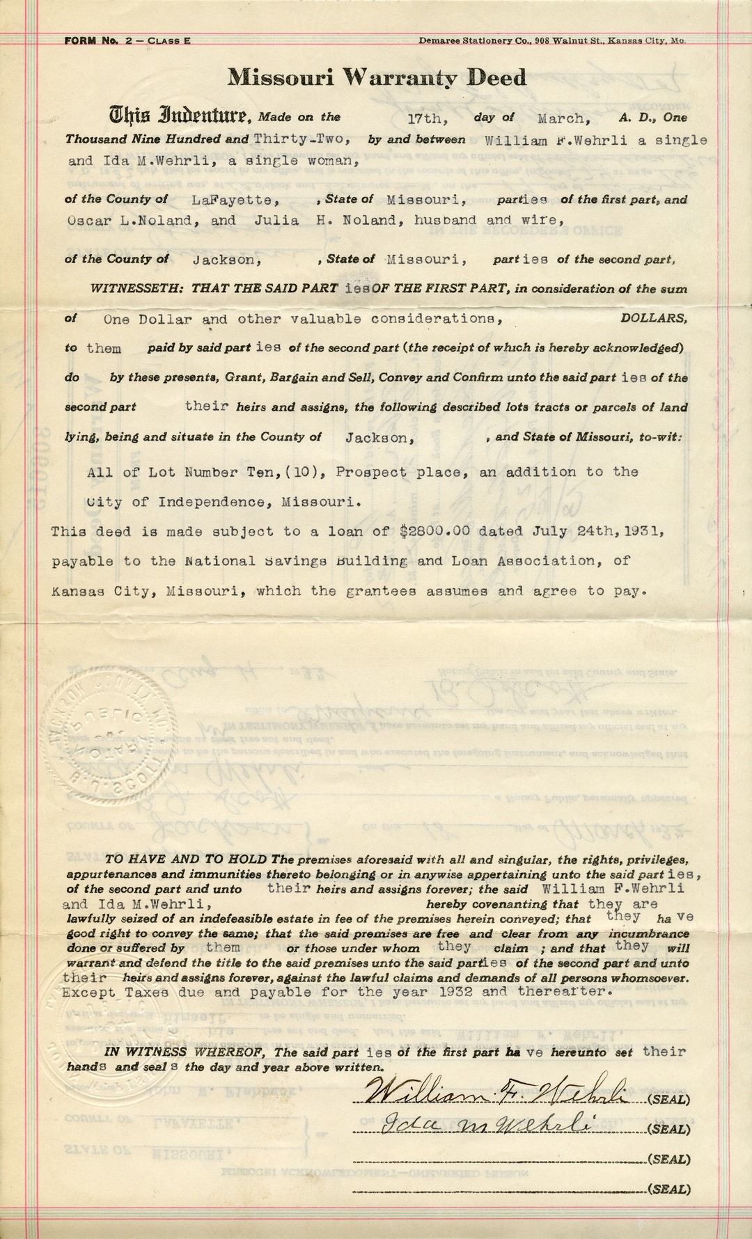 Warranty Deed from William F. Wehrli and Ida M. Wehrli to Oscar L. Noland and Julia H. Noland