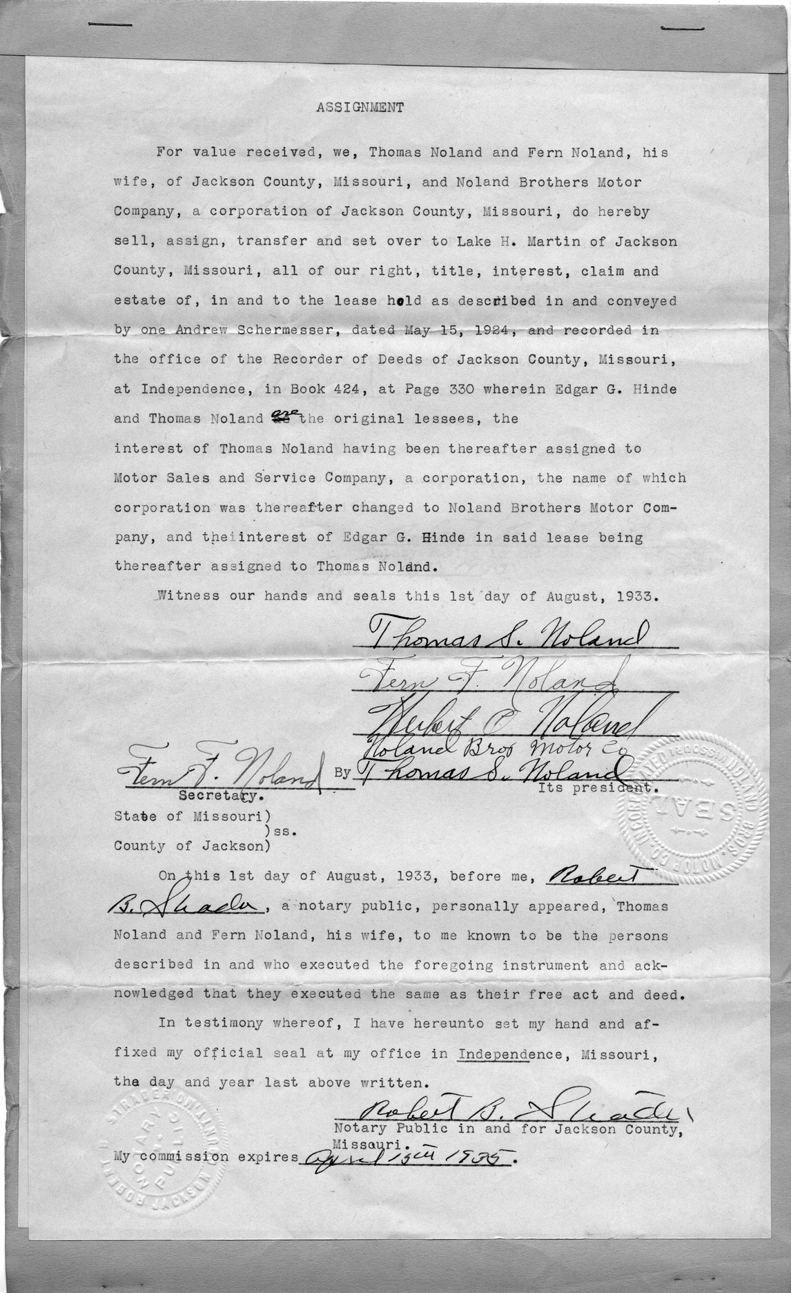Assignment of Lease by Thomas Noland, Fern Noland, and Noland Brothers Motor Company to Lake H. Martin