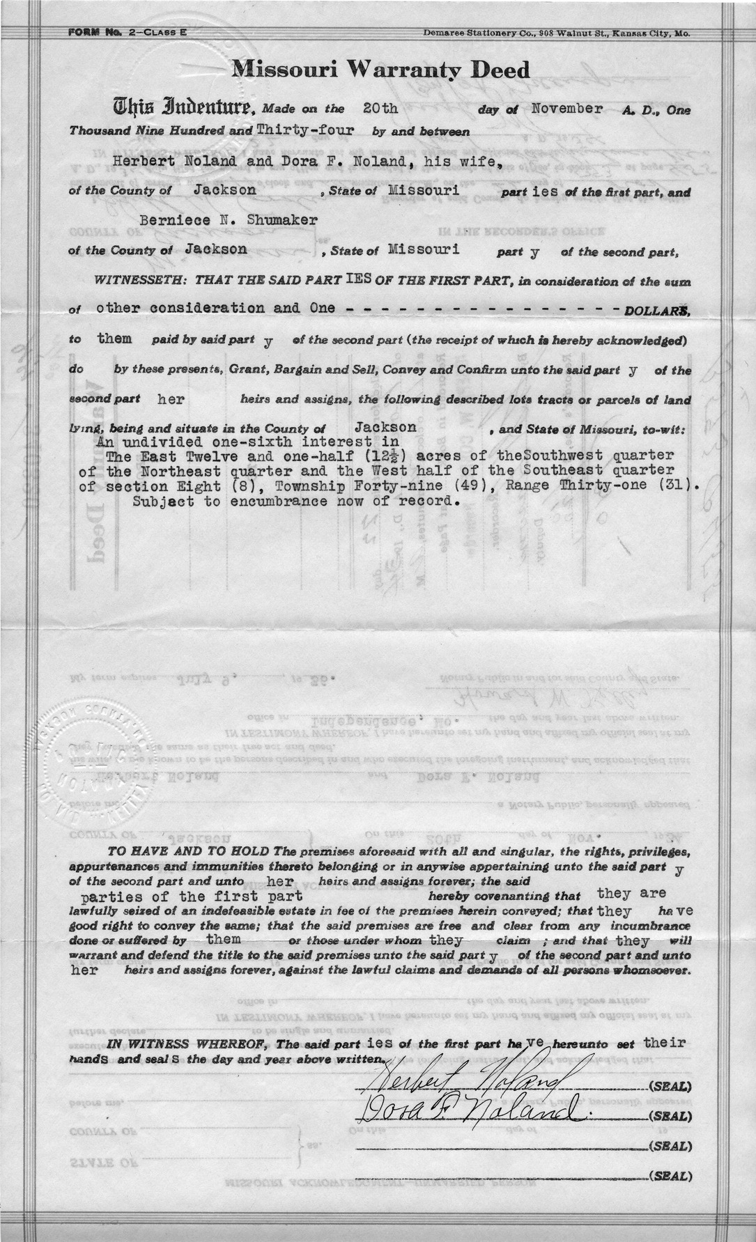 Warranty Deed from Herbert Noland and Dora F. Noland to Berneice N. Shumaker