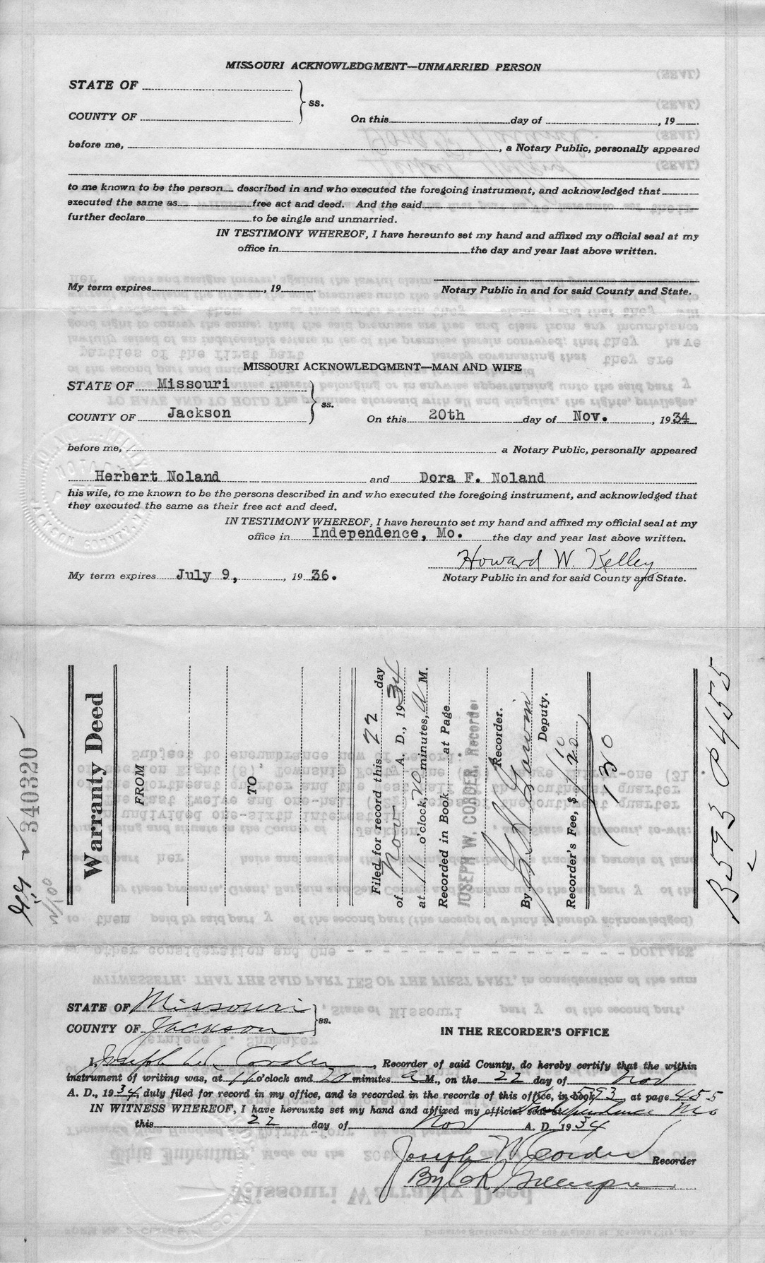 Warranty Deed from Herbert Noland and Dora F. Noland to Berneice N. Shumaker