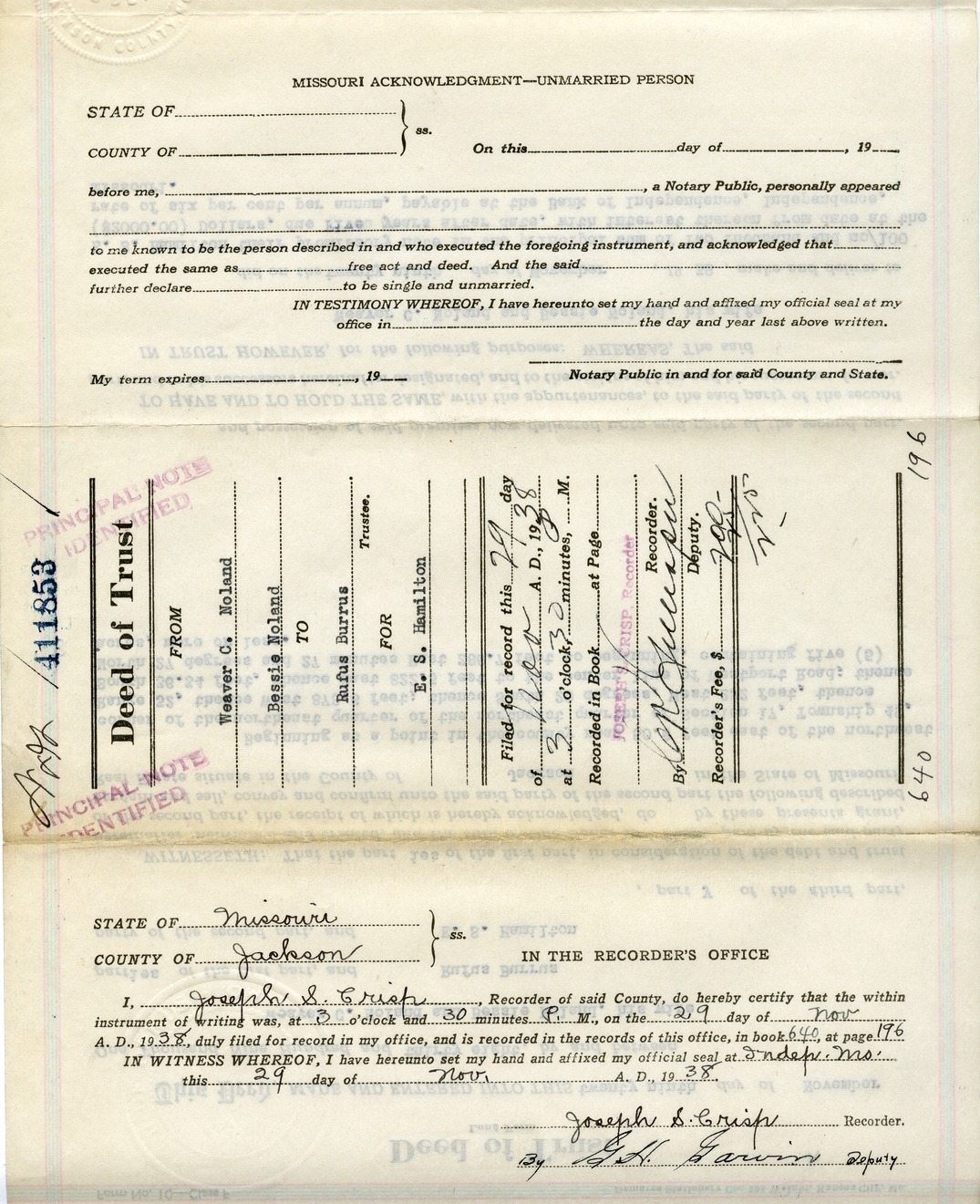 Deed of Trust from Weaver C. Noland and Bessie Noland to Rufus Burrus for E. S. Hamilton