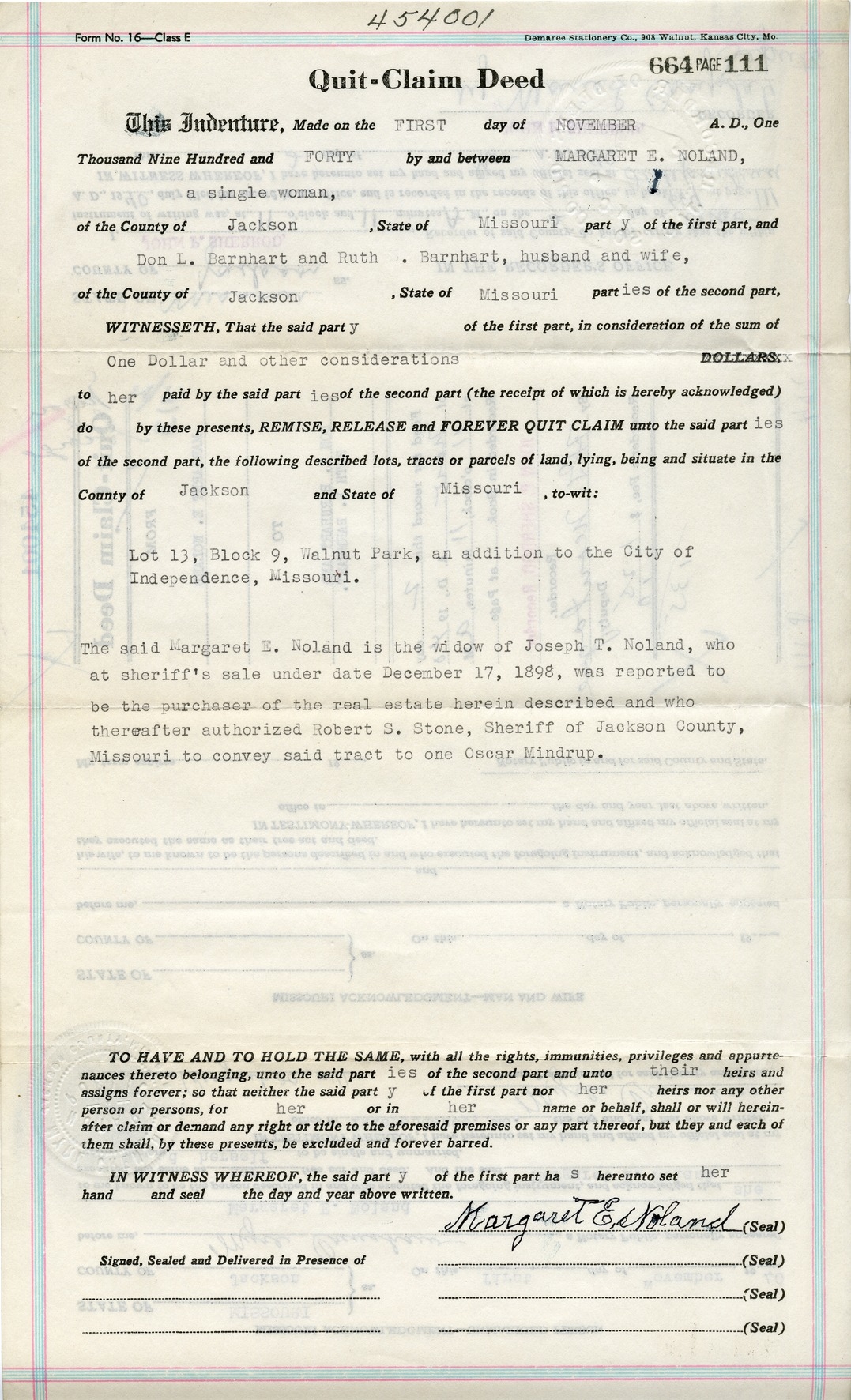 Quit-Claim Deed from Margaret E. Noland to Don L. Barnhart and Ruth B. Barnhart