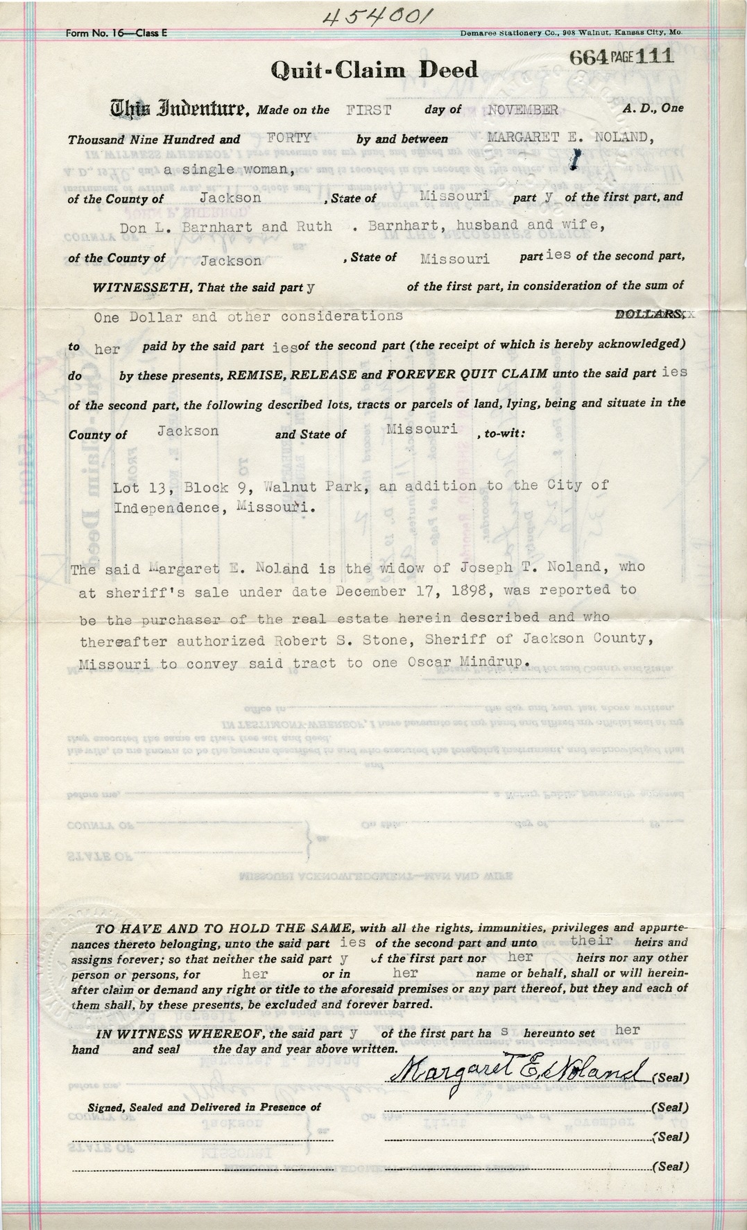 Quit-Claim Deed from Margaret E. Noland to Don L. Barnhart and Ruth B. Barnhart