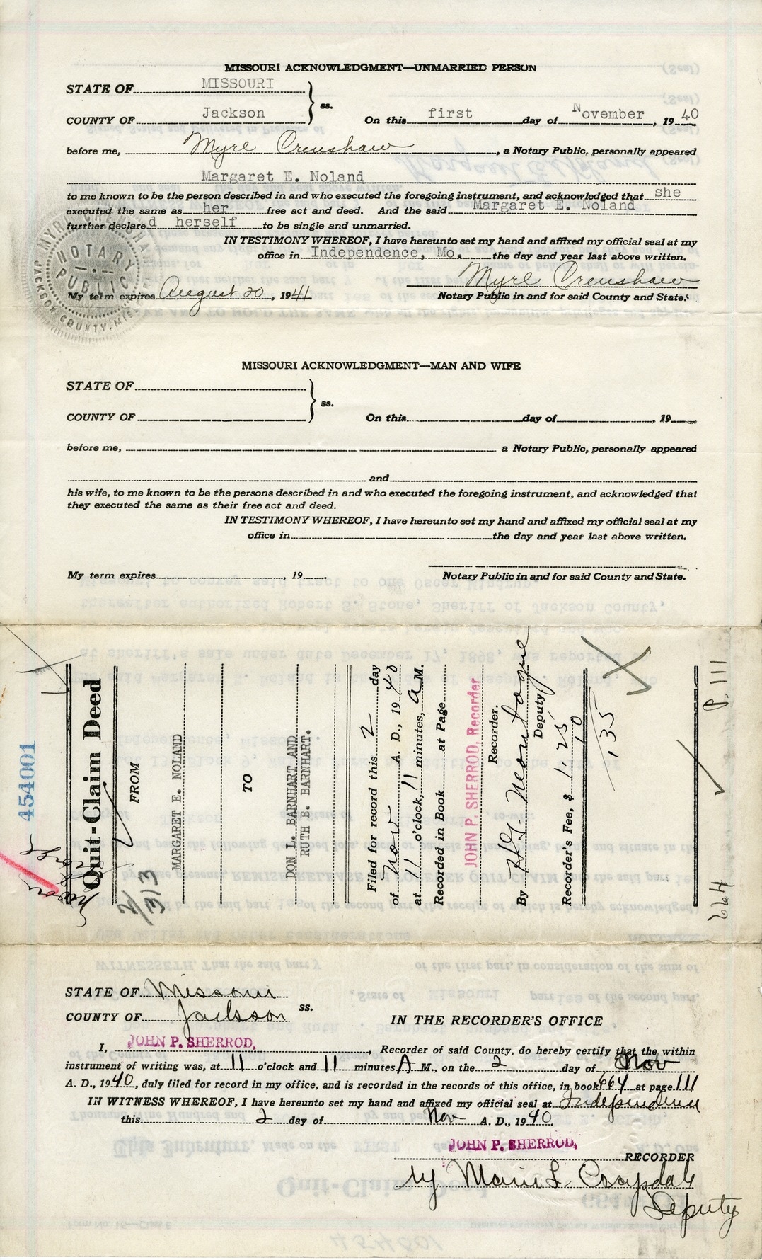 Quit-Claim Deed from Margaret E. Noland to Don L. Barnhart and Ruth B. Barnhart