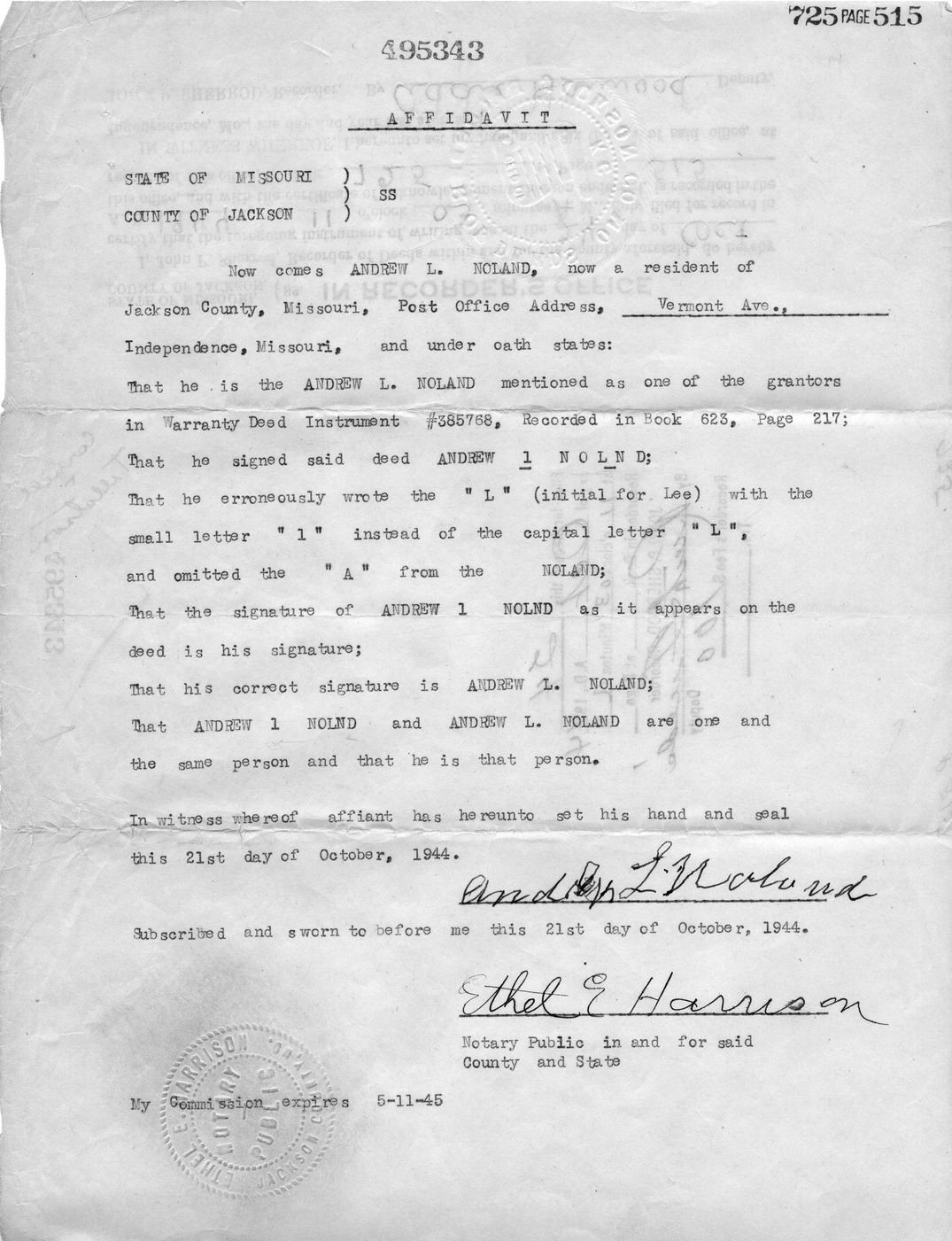 Affidavit of Andrew L. Noland