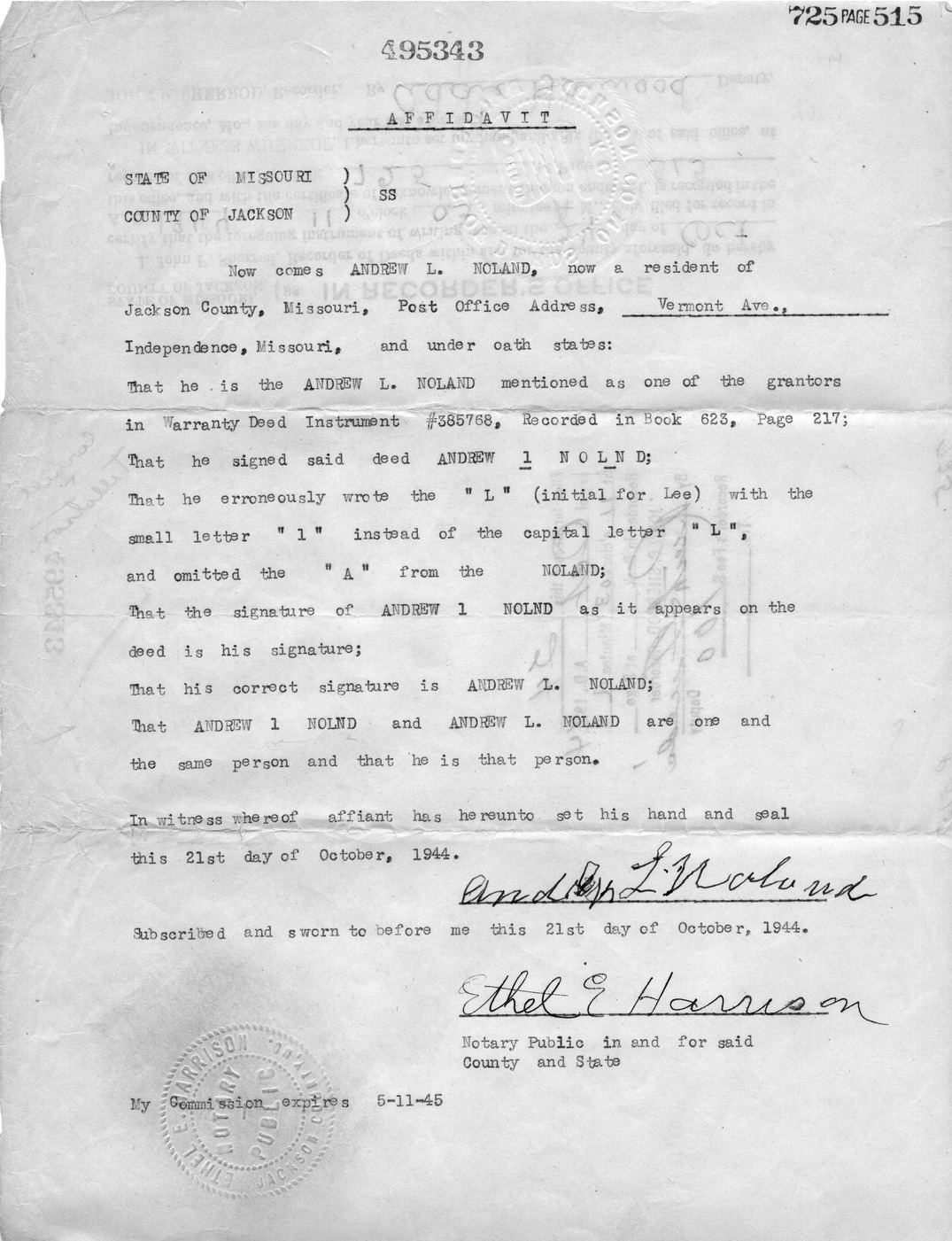 Affidavit of Andrew L. Noland