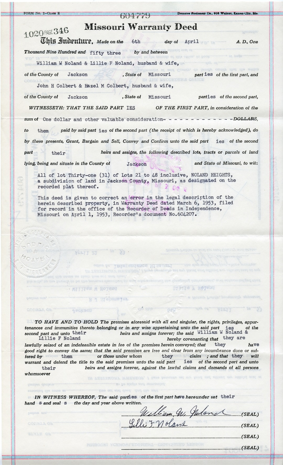 Warranty Deed from William W. Noland and Lillie F. Noland to John H. Colbert and Hazel M. Colbert