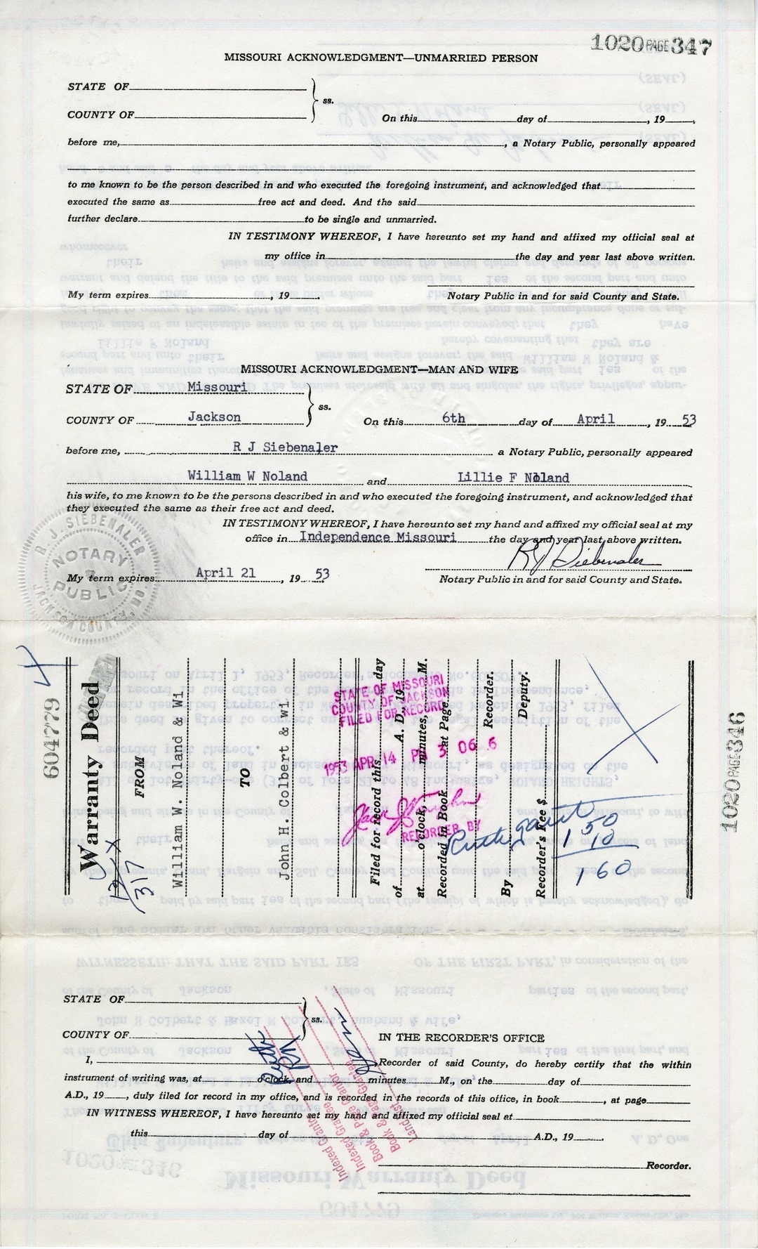 Warranty Deed from William W. Noland and Lillie F. Noland to John H. Colbert and Hazel M. Colbert