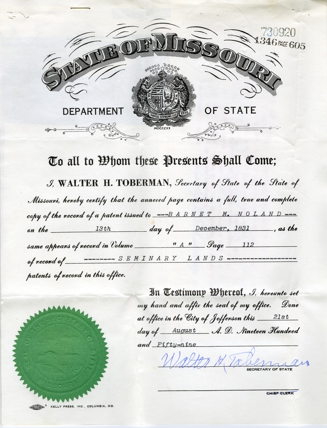 Copy of Patent of Barnet M. Noland