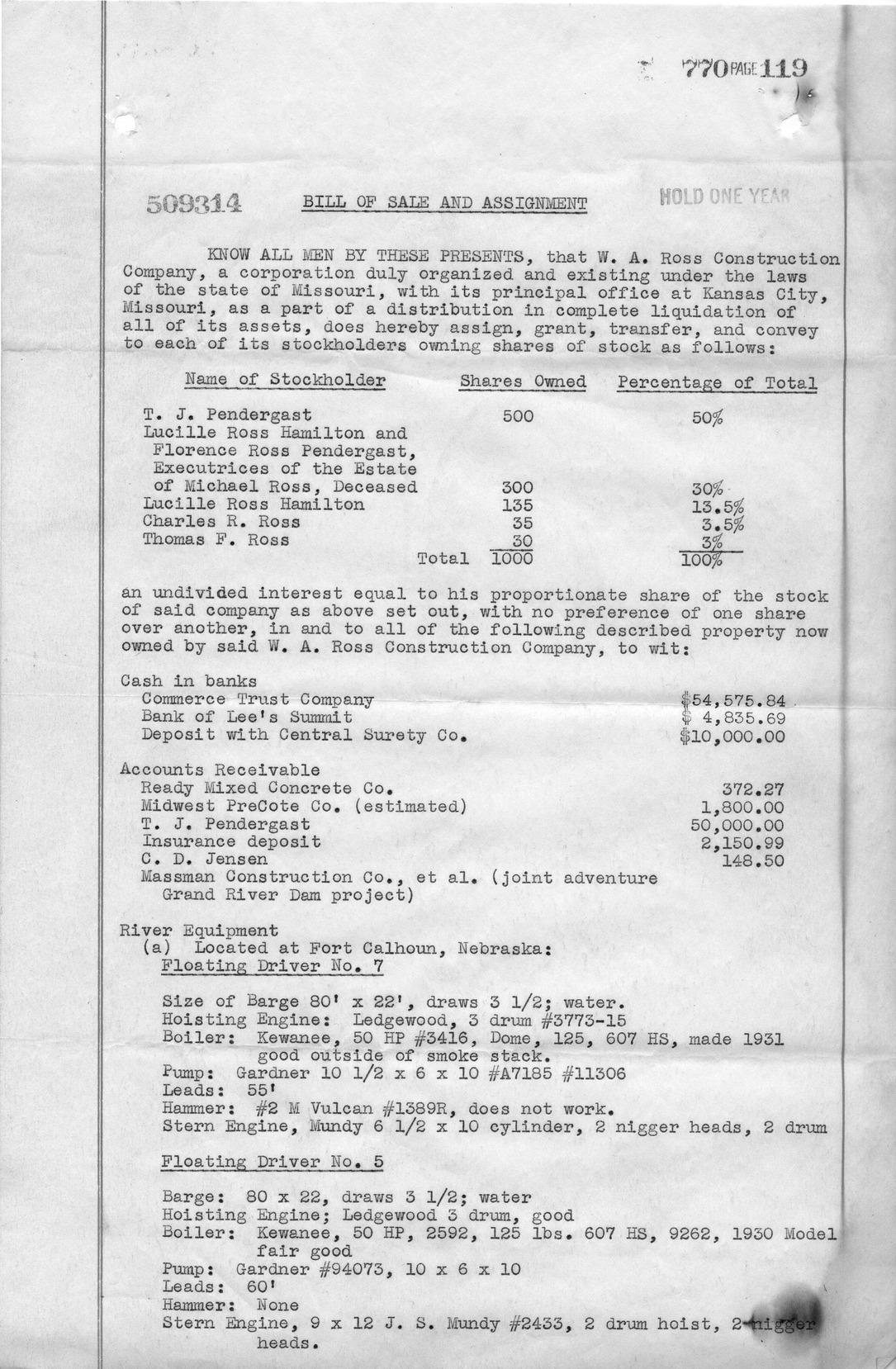 Bill of Sale and Assignment for W. A. Ross Construction Company