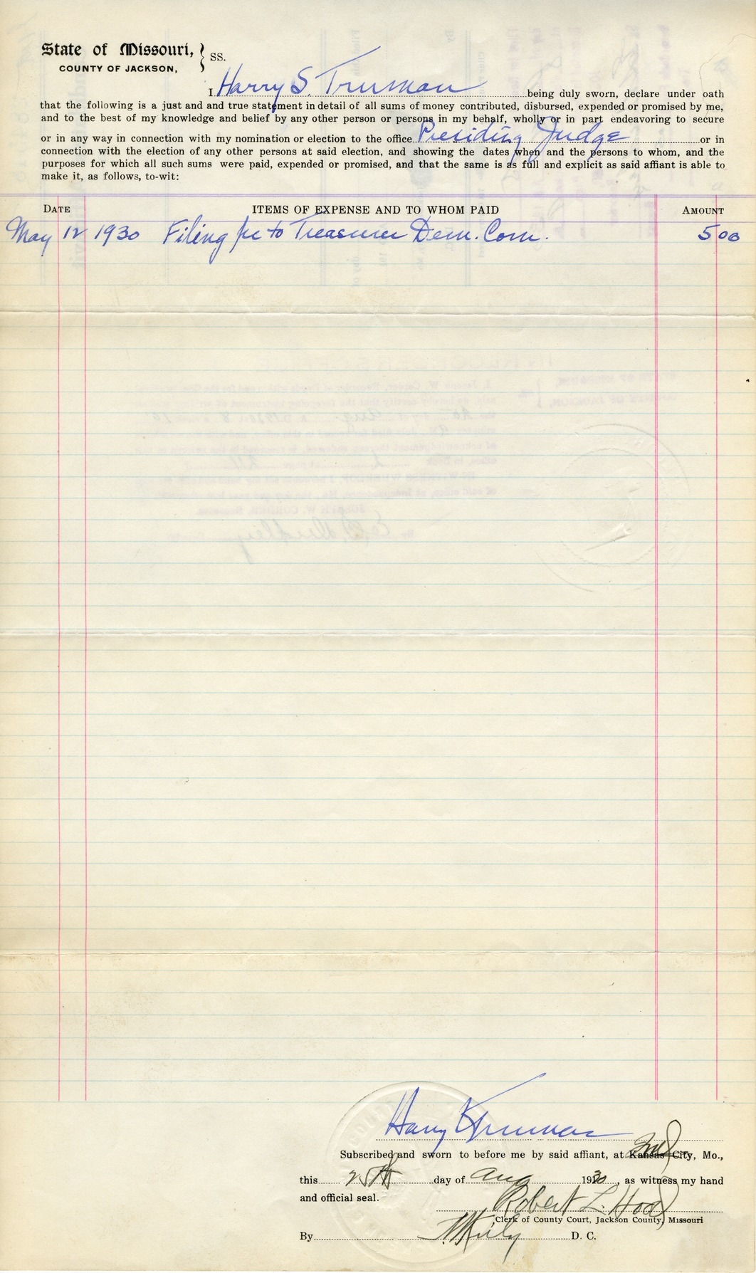 Candidate's Affidavit of Harry S. Truman