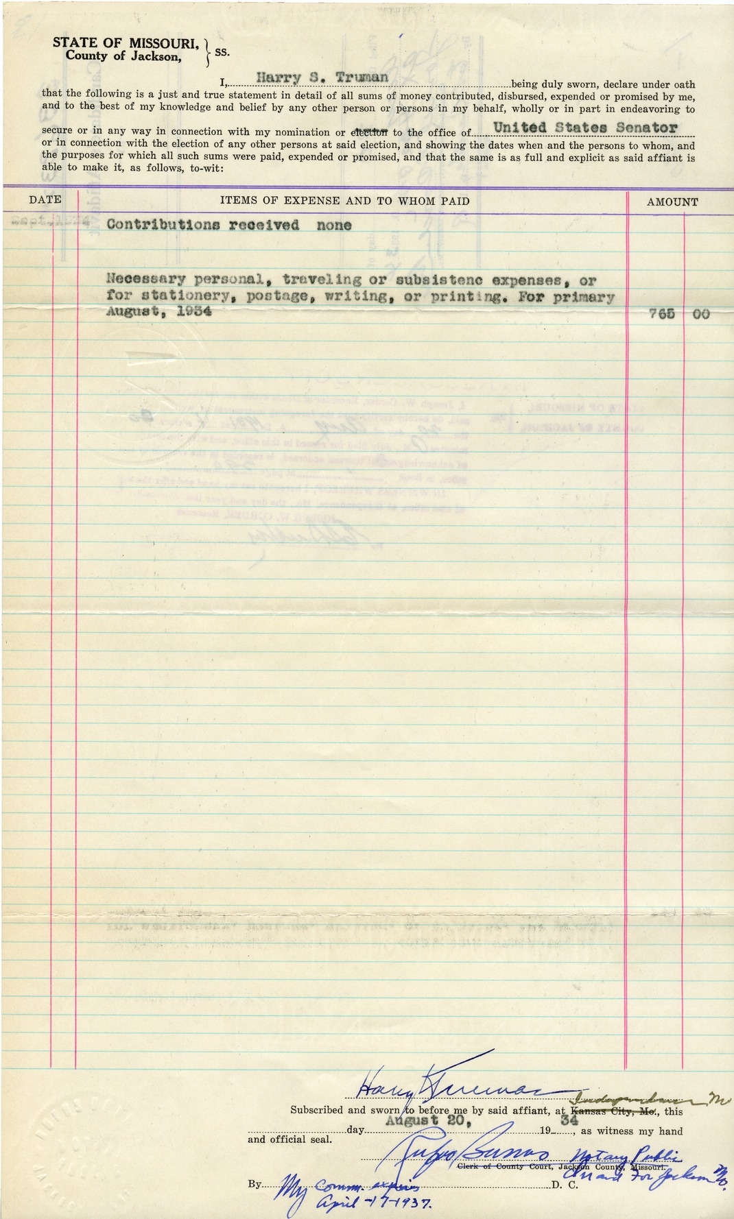 Candidate's Affidavit of Harry S. Truman