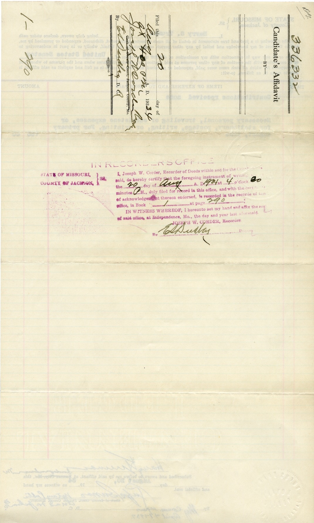 Candidate's Affidavit of Harry S. Truman