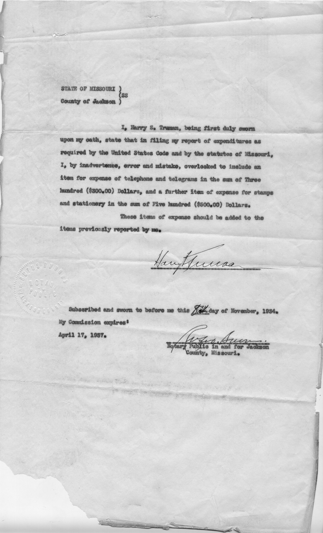 Affidavit of Harry S. Truman