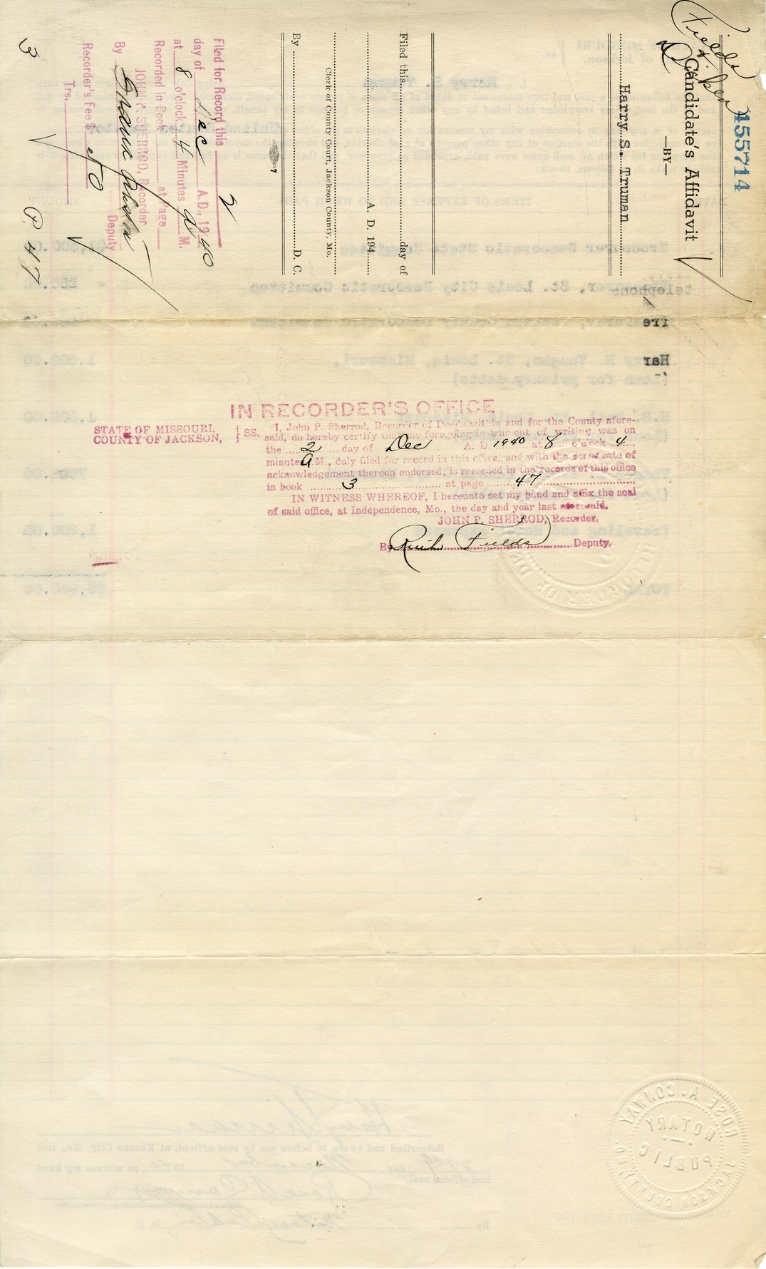 Candidate's Affidavit of Senator Harry S. Truman