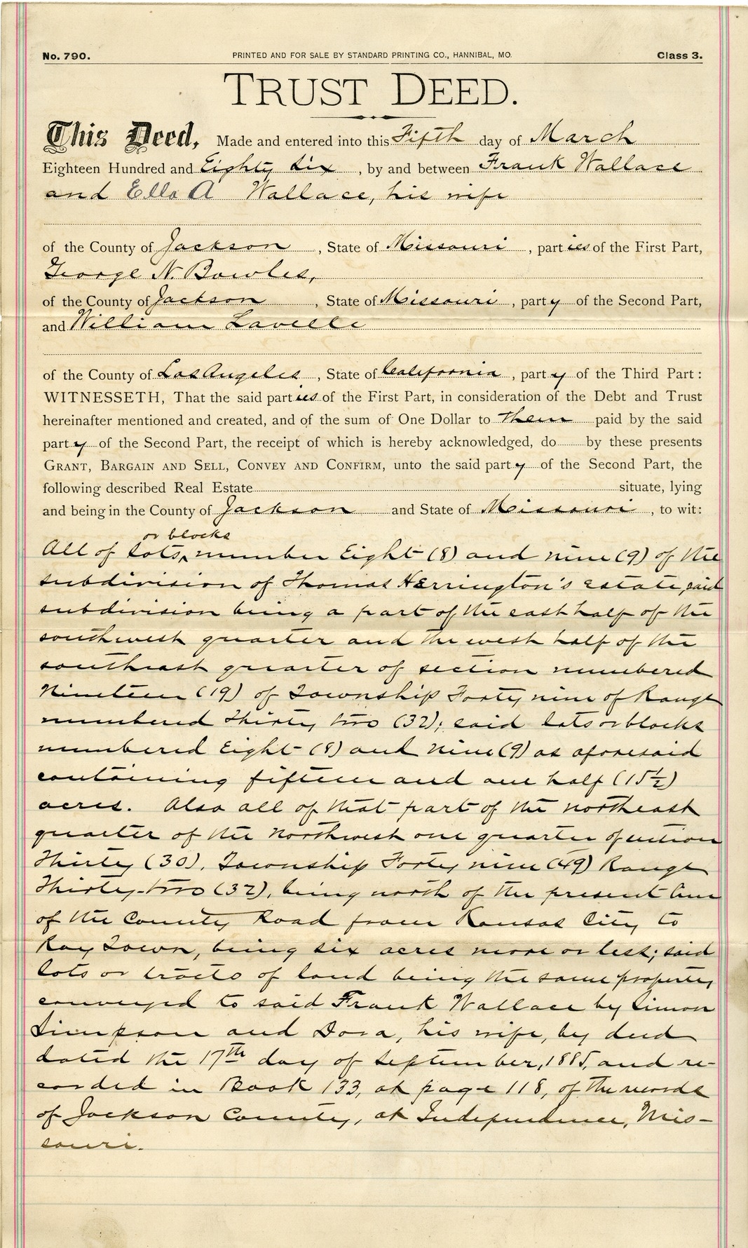Trust Deed from Frank Wallace and Ella A. Wallace to George N. Bowles and William Lavelle