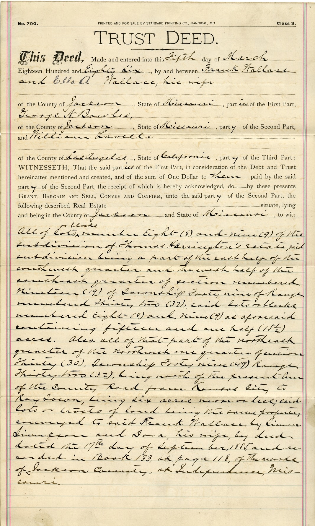 Trust Deed from Frank Wallace and Ella A. Wallace to George N. Bowles and William Lavelle