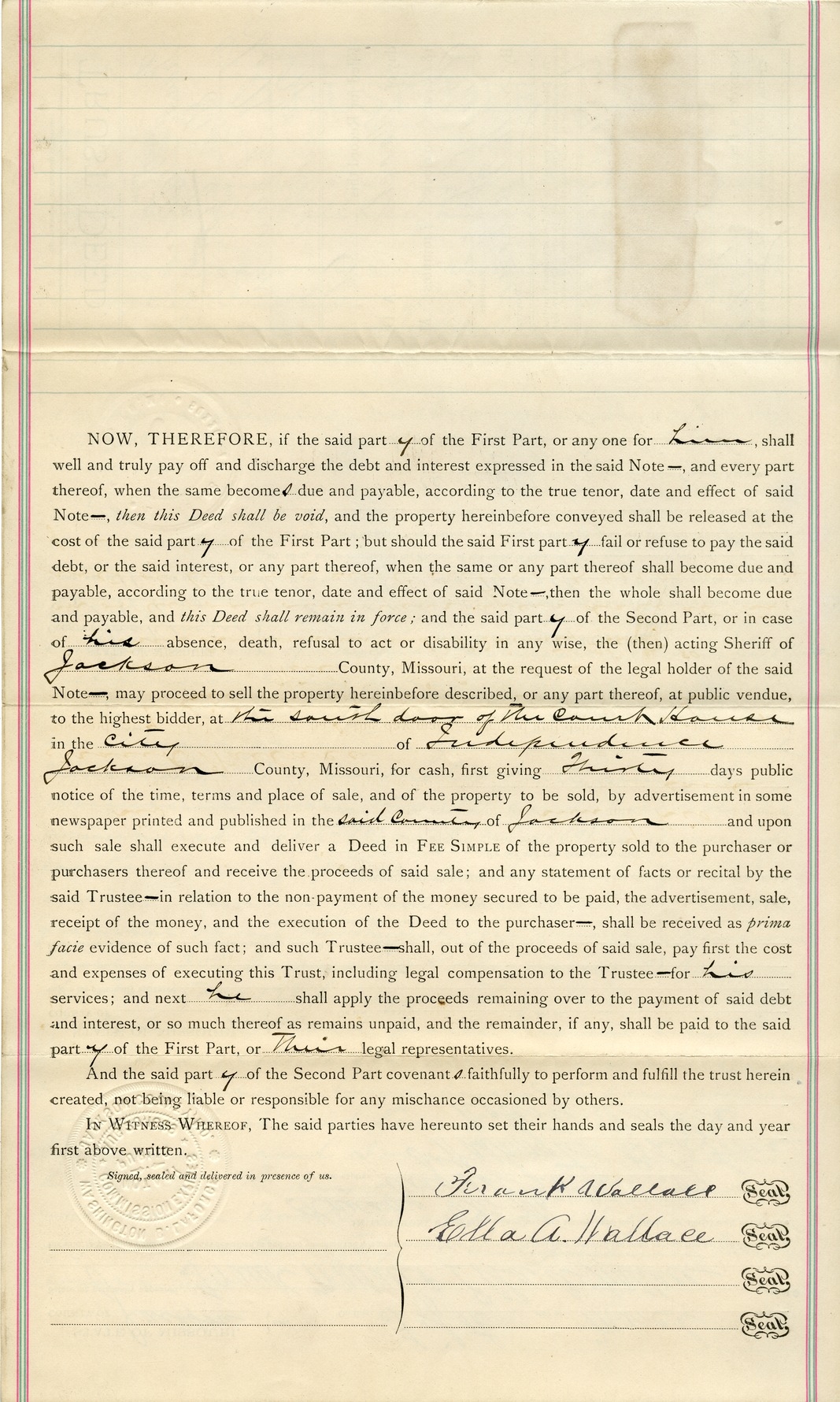 Trust Deed from Frank Wallace and Ella A. Wallace to George N. Bowles and William Lavelle