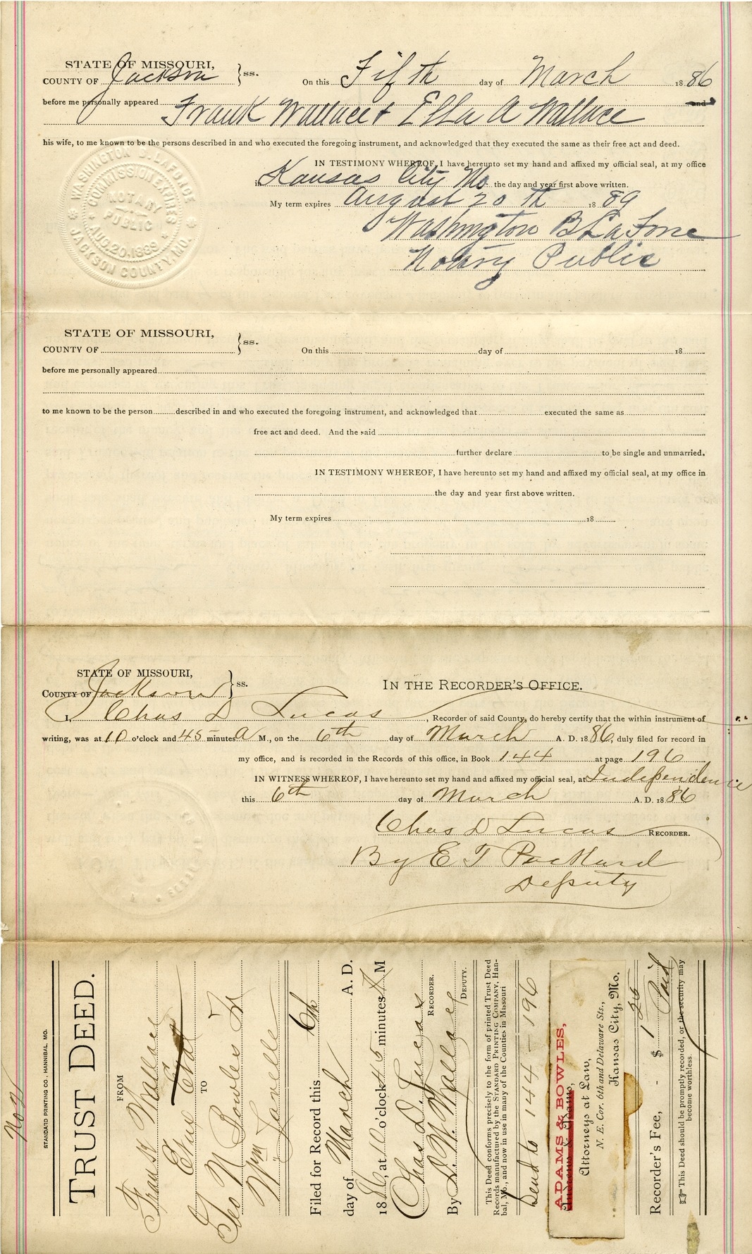Trust Deed from Frank Wallace and Ella A. Wallace to George N. Bowles and William Lavelle