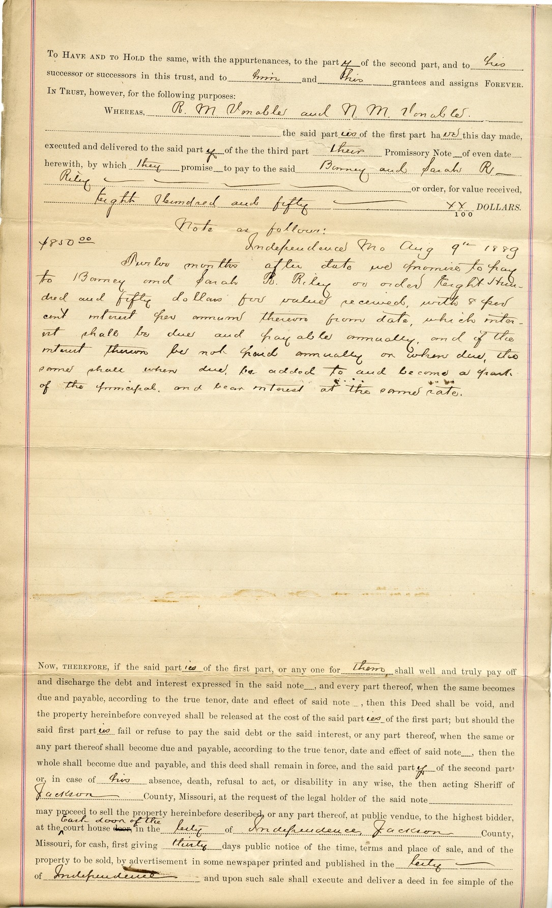 Trust Deed from A. M. Venables and N. M. Venables to D. W. Wallace for Barney Riley and Sarah R. Riley