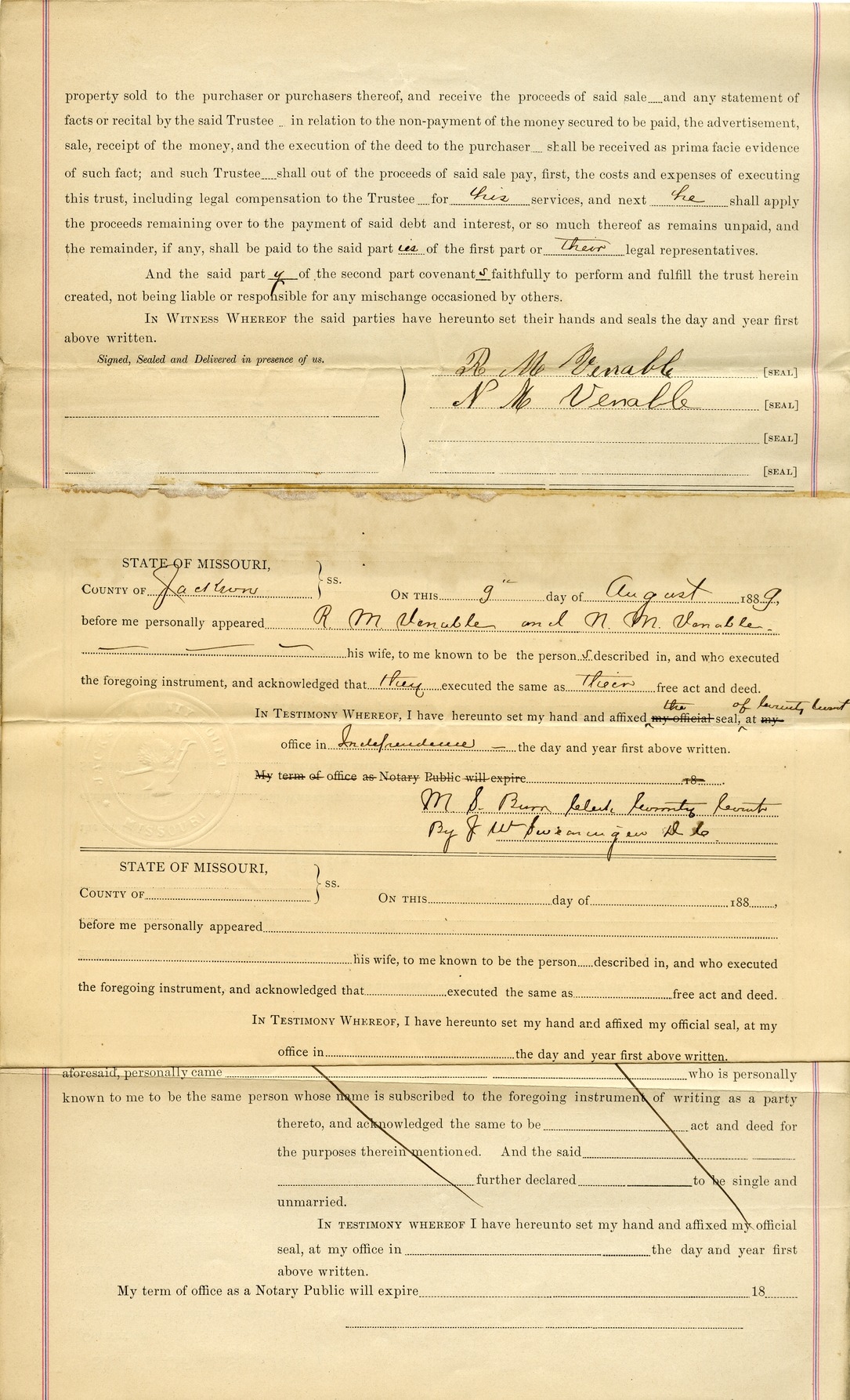 Trust Deed from A. M. Venables and N. M. Venables to D. W. Wallace for Barney Riley and Sarah R. Riley