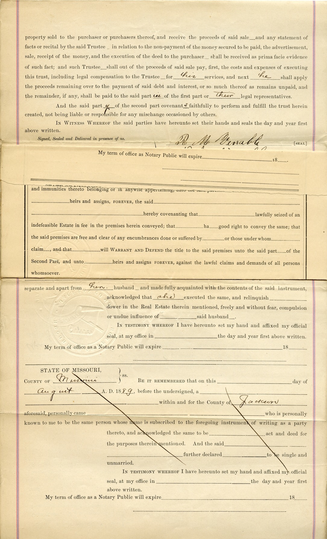 Trust Deed from A. M. Venables and N. M. Venables to D. W. Wallace for Barney Riley and Sarah R. Riley