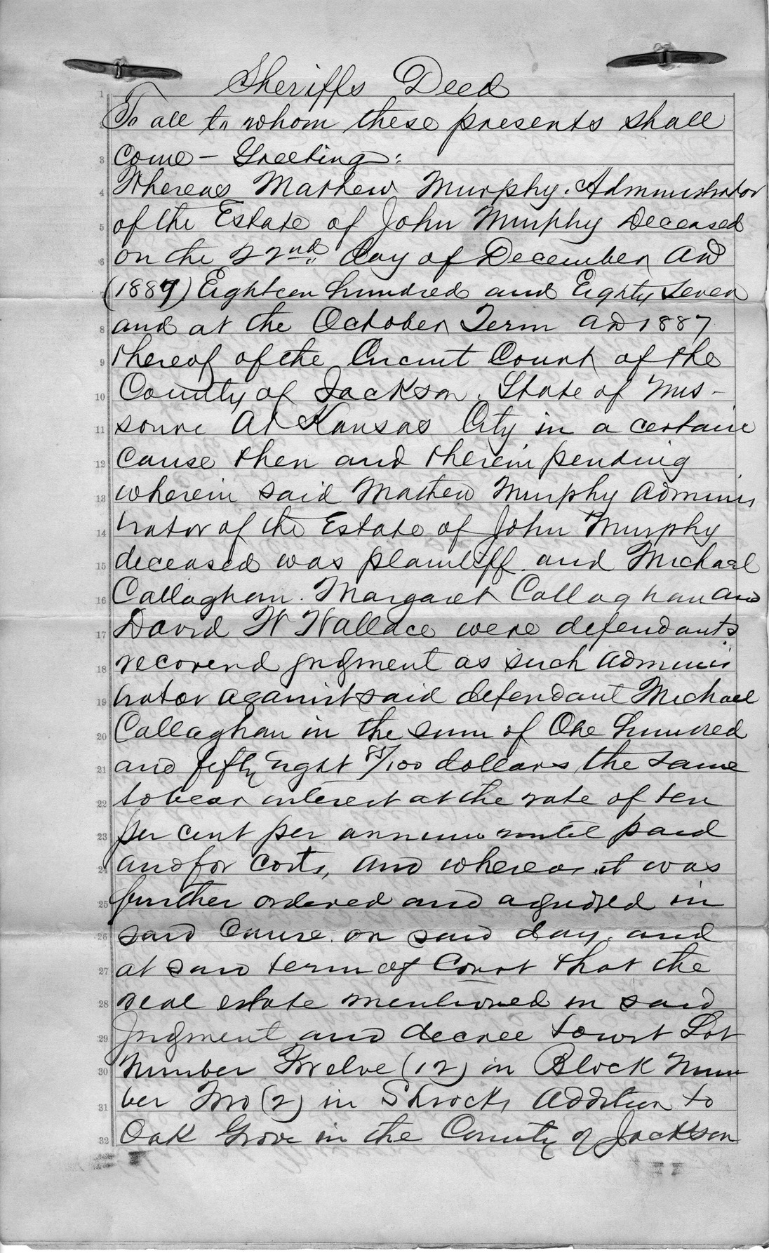 Sheriff's Deed from Michael and Margaret Callahan and David W. Wallace to Margaret Callahan