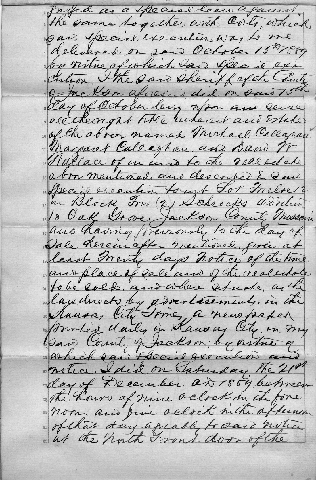 Sheriff's Deed from Michael and Margaret Callahan and David W. Wallace to Margaret Callahan