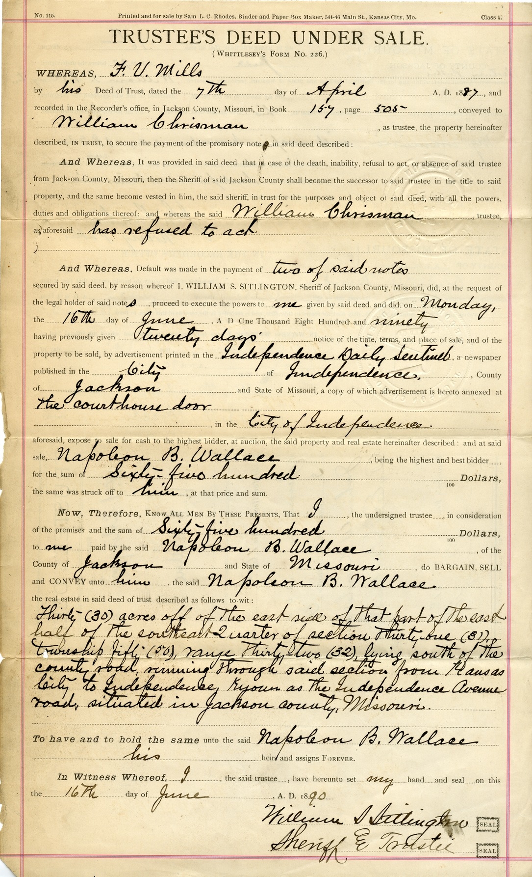 Trustee's Deed Under Sale from William S. Sitlington to Napoleon B. Wallace
